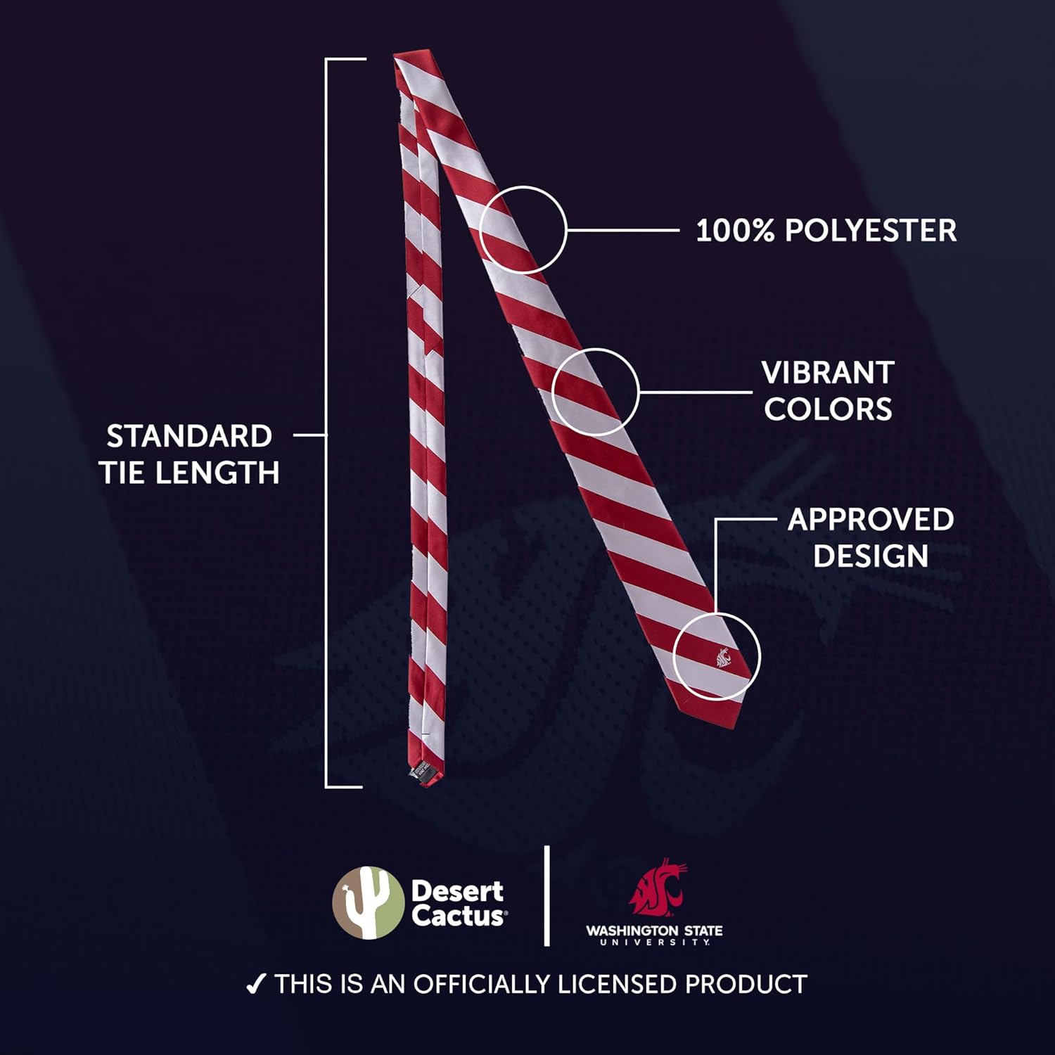 Desert Cactus Washington State University Neck Tie WSU Cougars 100% Polyester Necktie with Logo, Officially Licensed - Image 3