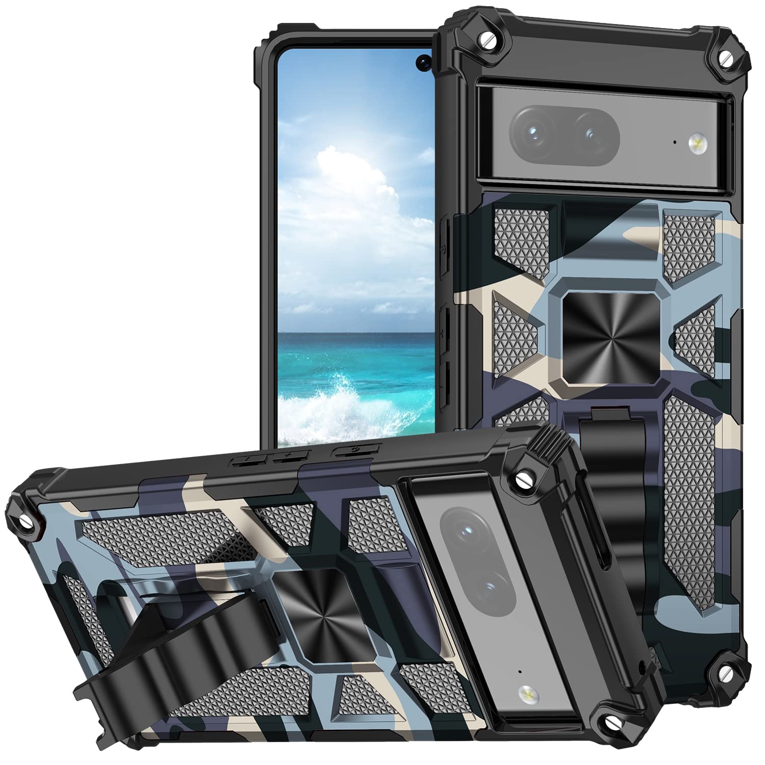 Dinglijia Google Pixel 7 Phone Case with Screen Camera Protector, Drop-Tested Camouflage Cover Thin and Slight Built-in Kickstand Protection Case for