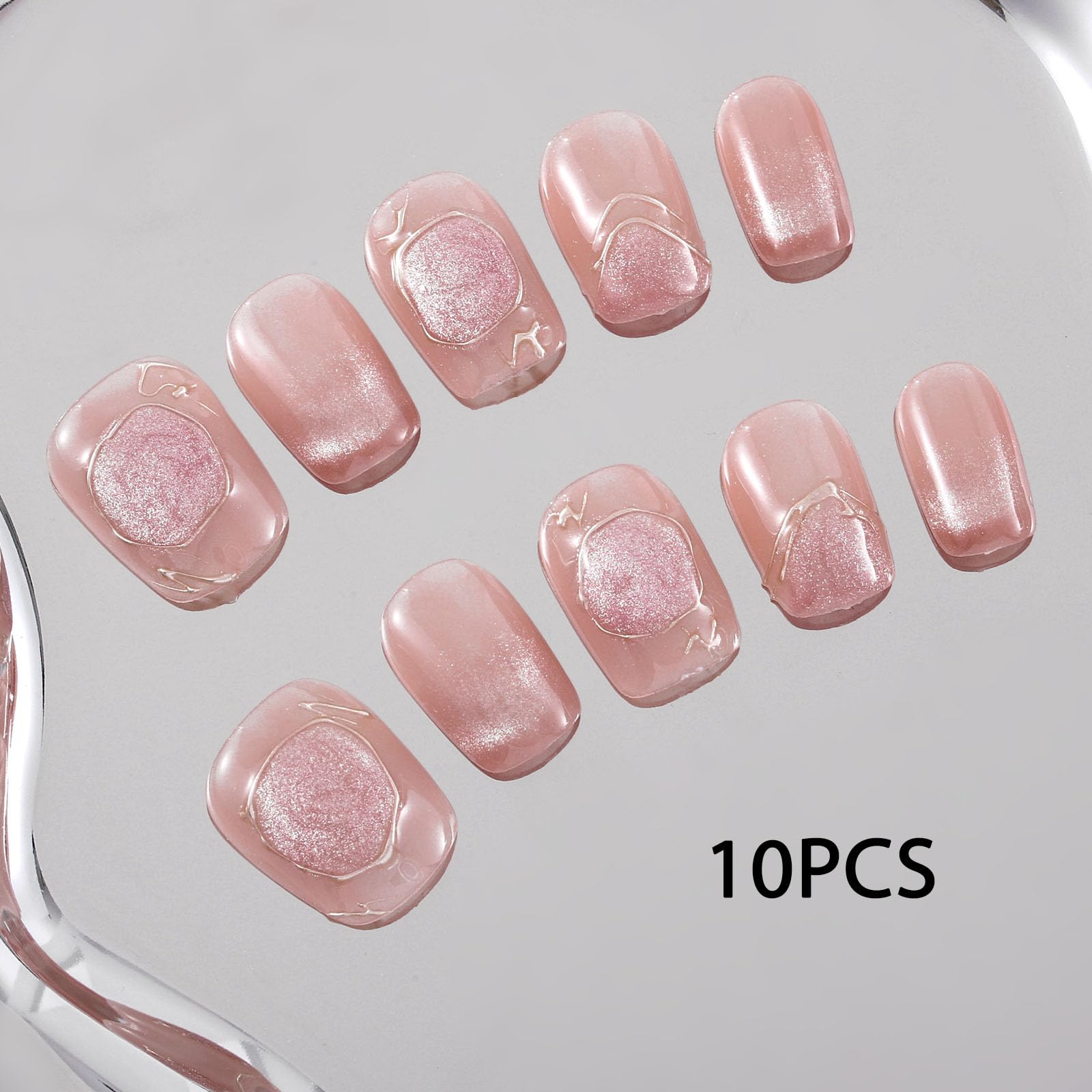 Sethexy Short Coffin Handmade False Nails - Glitter, Cat Eye, Gold Line Press on Nails Women Salon Stick on Nails 10PCS - Image 3