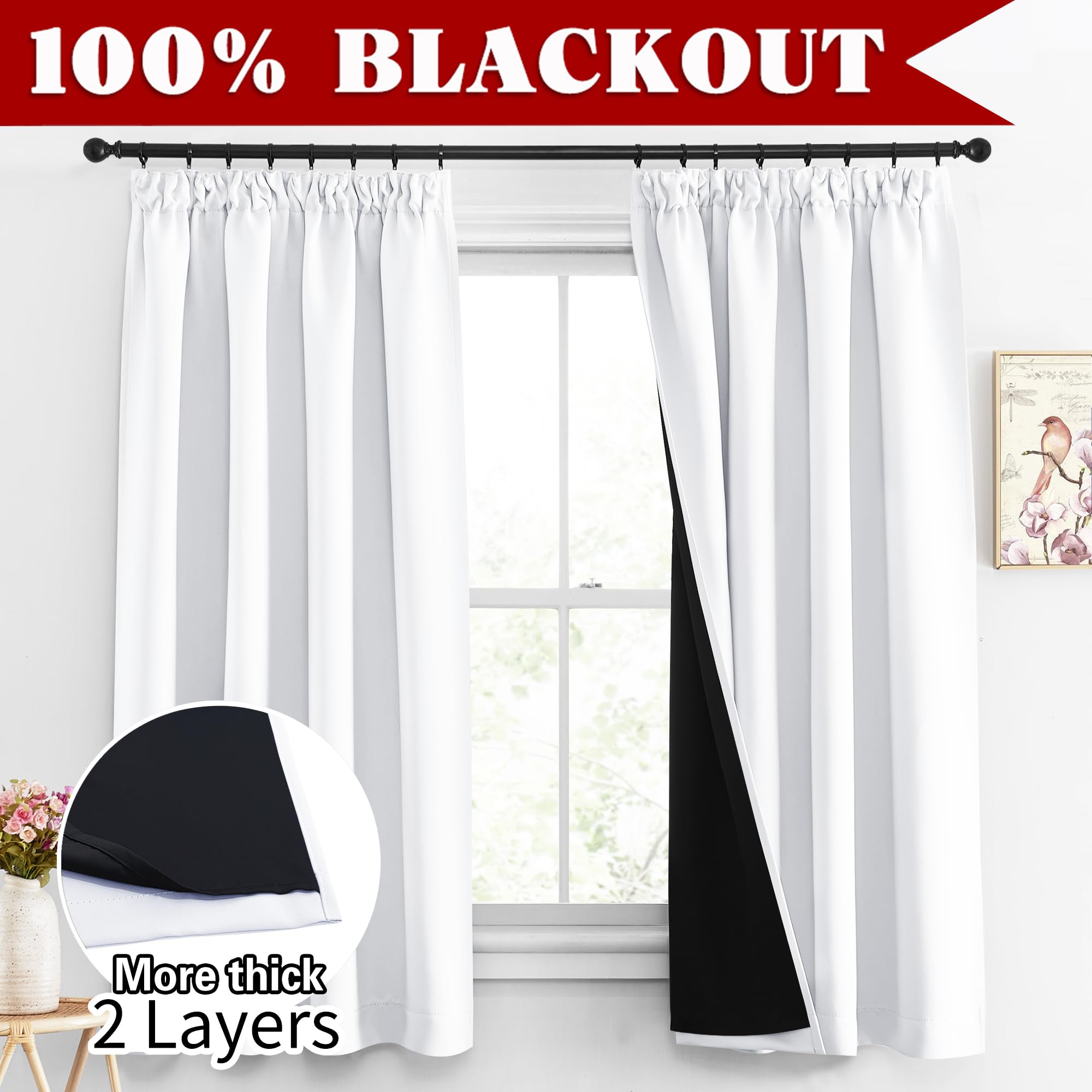 PONY DANCE Rideaux Occultant Blanc Pur L140 x H145cm 2 Pièces Doublure Noire