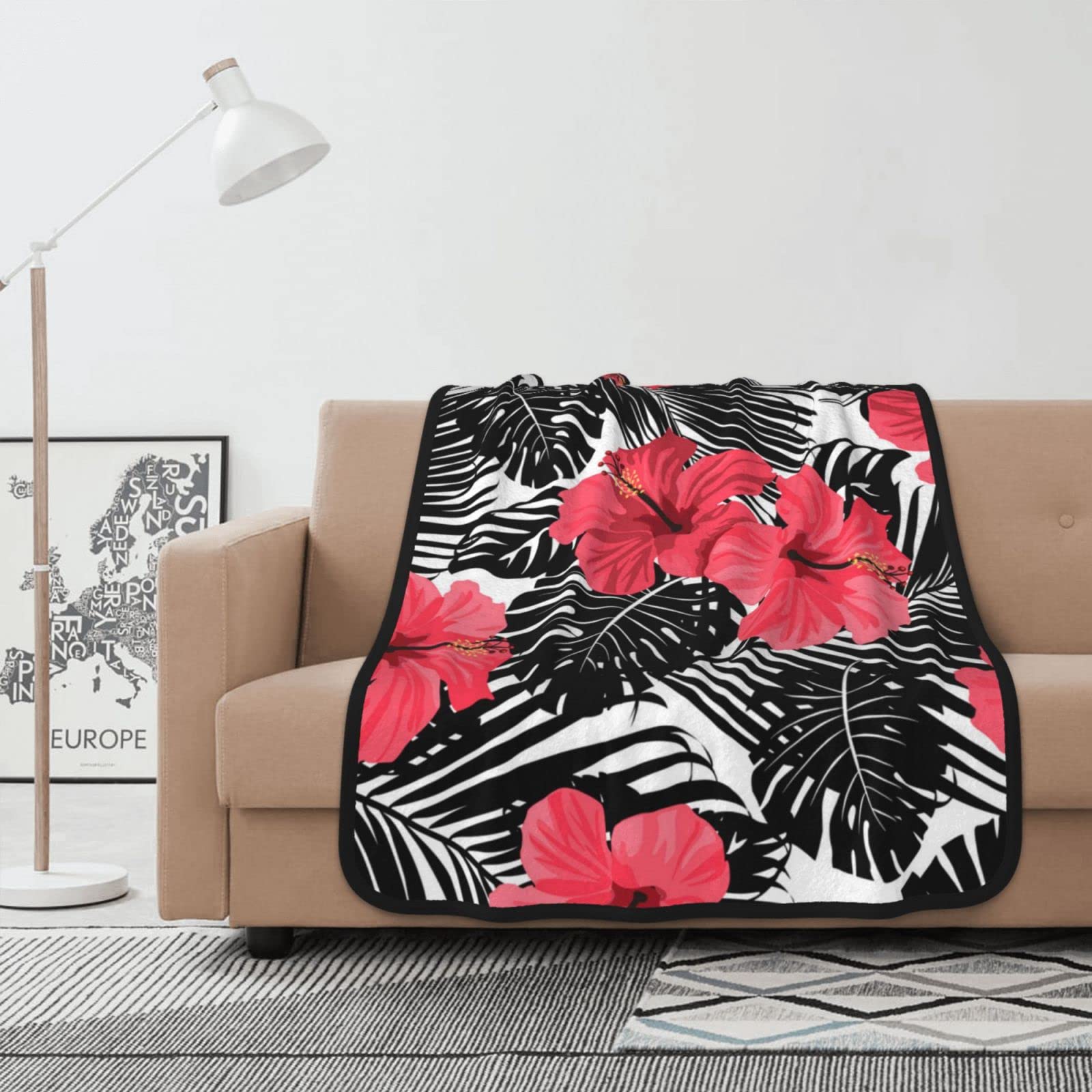 Couverture flanelle hibiscus rouge plaid chaud canapé lit 101x127cm
