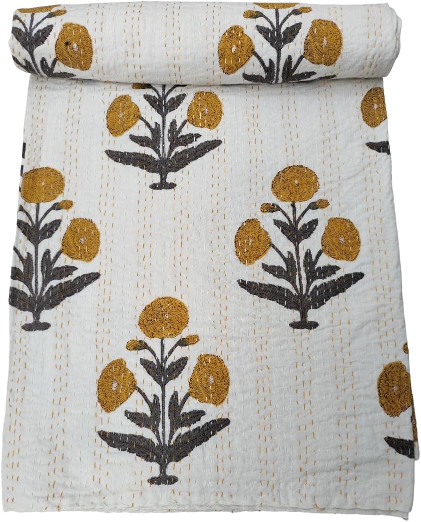 Hand Block Print Quilts Indian Handmade Pure Cotton Reversible Vintage Kantha Quilt Comforter Floral Print Yellow Queen 90 x 108 Inches