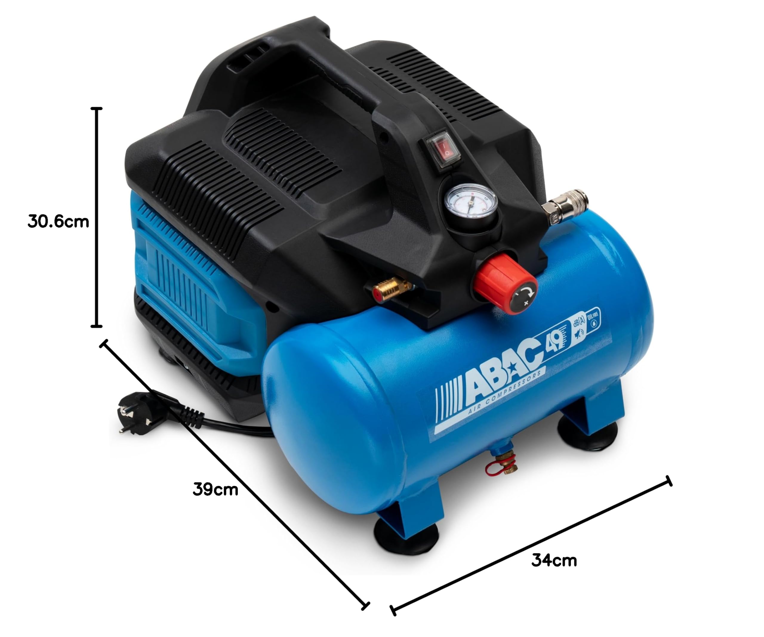 ABAC Geräuscharmer Tragbarer Luftkompressor EASE-AIR 6, Ölfreier Luftkompressor, Maximaler Druck 8 Bar, Leistung 0,75 PS, 6-Liter-Tank, Geräuschpegel 49 dB