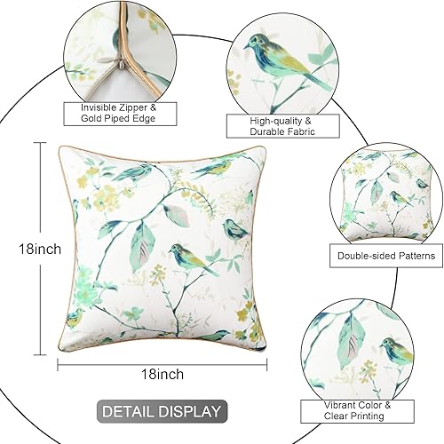Miniatura 3 de VOGOL Juego de 2 fundas de almohada estampado de pájaros verdes y flores fundas de almohada para decoración del hogar 18 x 18 pulgadas funda de
