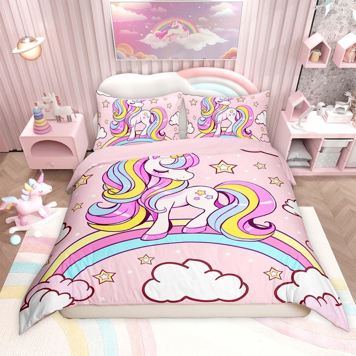 Homemissing Cute Unicorn Duvet Cover Set Cot Size For Kids Girls Children Multicolor Rainbow Bedding Set Dreamy Princess Style Duvet Cover with 1 Pillowcase Colorful Stripes — image 1