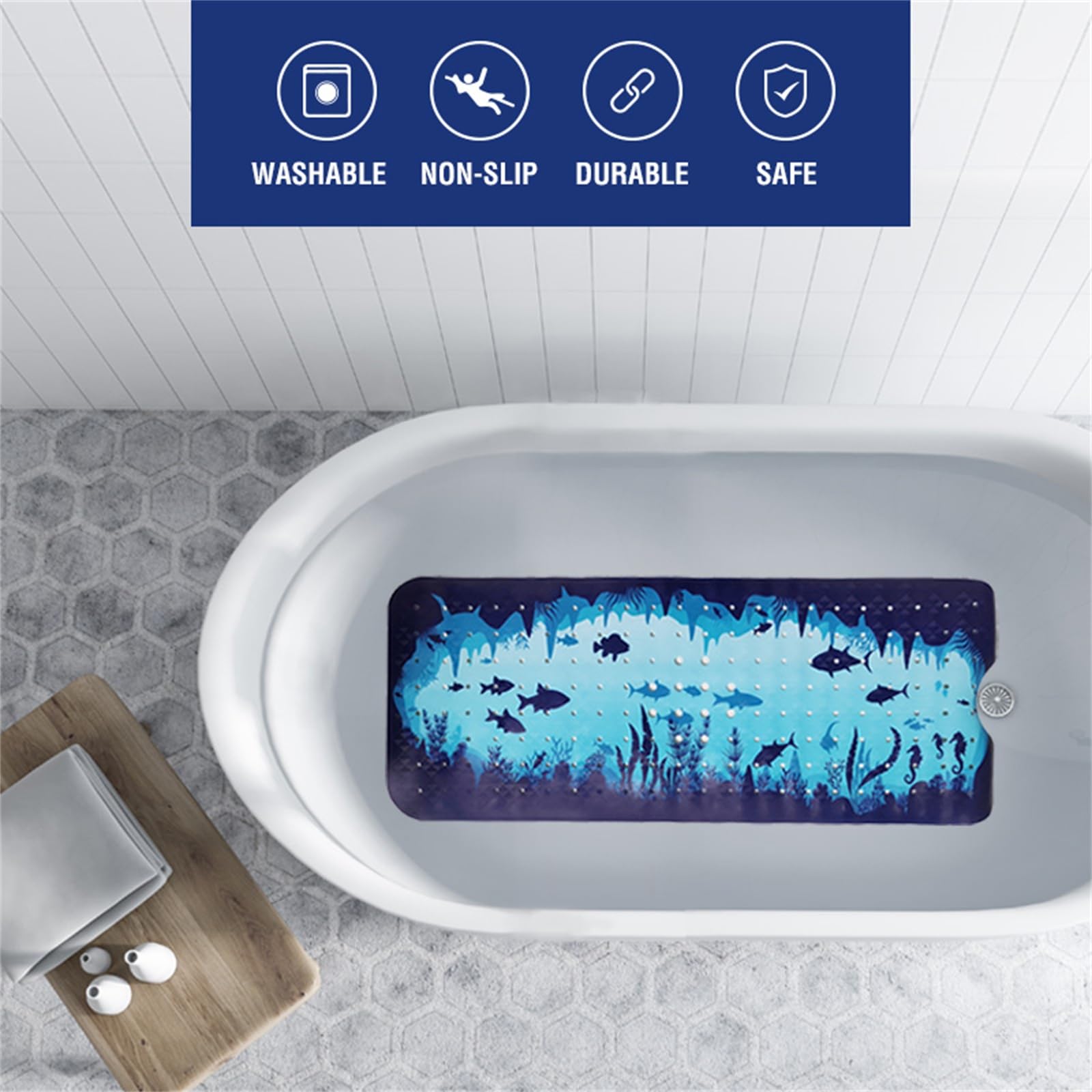 Blue Bathtub Mat Non Slip 40x16in Extra Long Bath Mat for Tub Funny Cute Ocean Animals Anti Slip Shower Mat for Bathroom with Large Drain Holes and Suction Cups Bath Mats and Bathtub Decor - Image 2