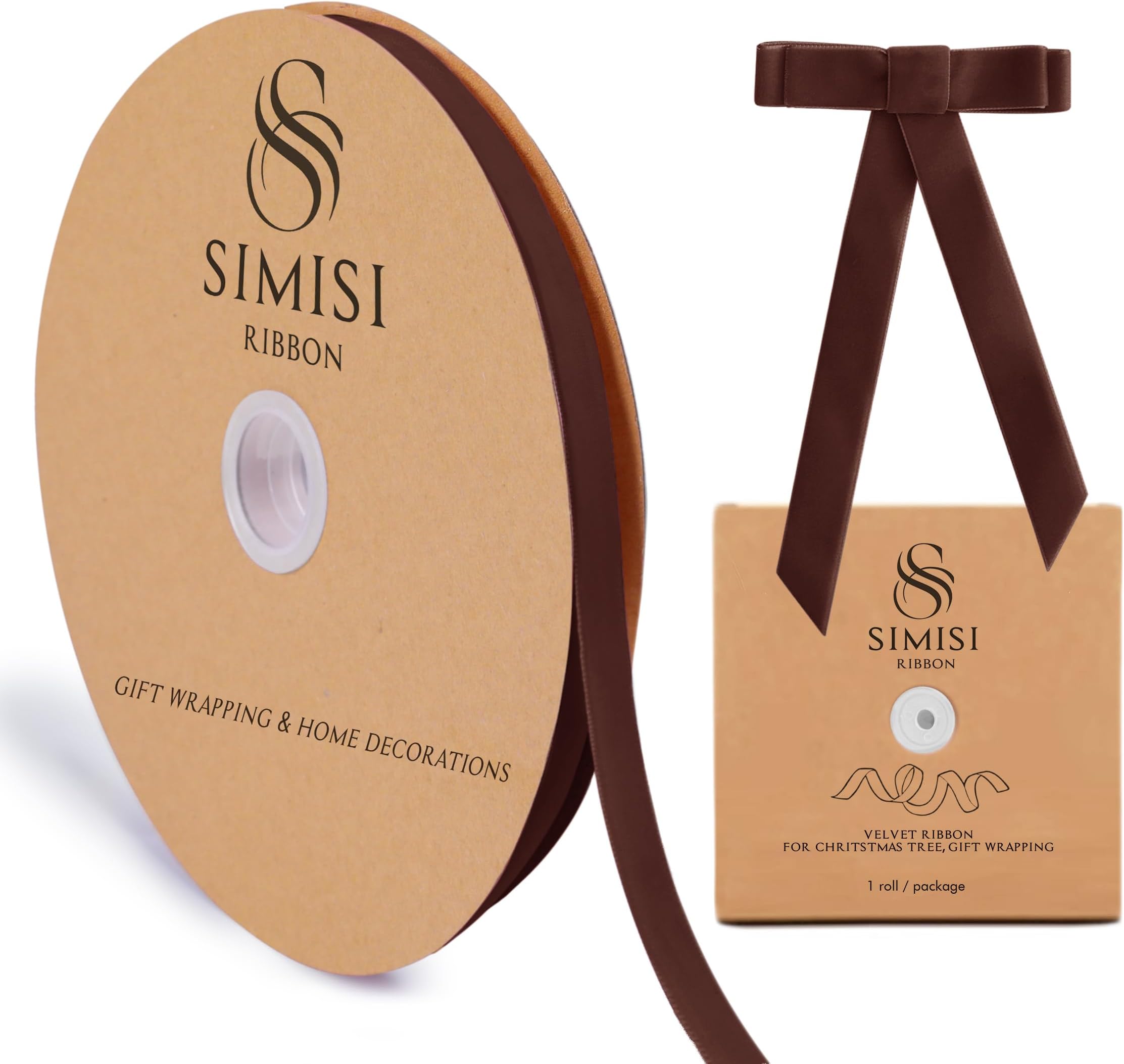 Brown Velvet Ribbon 3/8'' 25 Yards for Chritstmas Tree, Gift Wrapping, Wreath Decorations, Bow Making