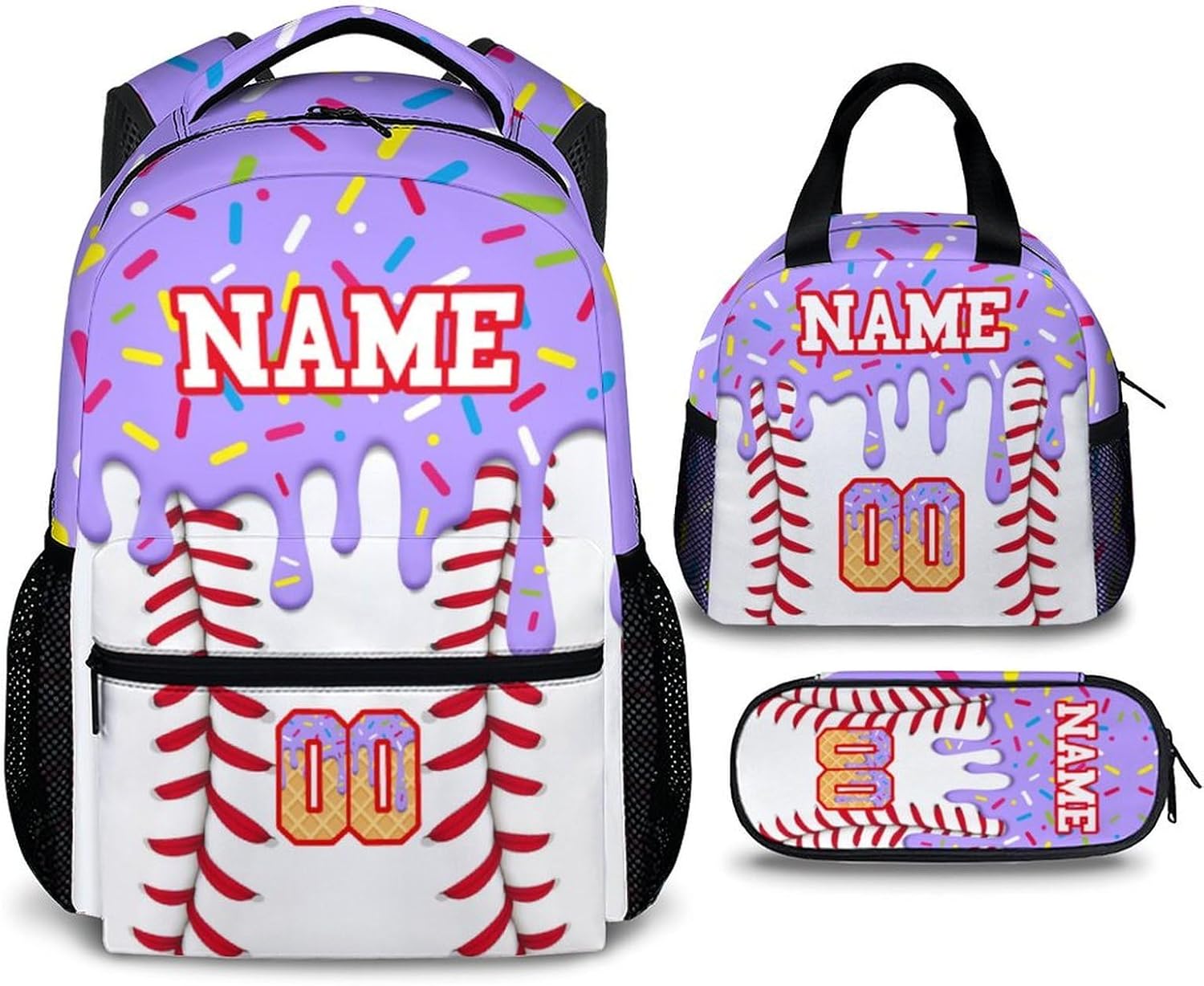 Kids Schoolbag Custom Baseball Backpack for Kids, Personalized 3Pcs Set Casual Sports Drip Bookbag for Preschool Elementary Kindergarten Travel School Travel Picnic