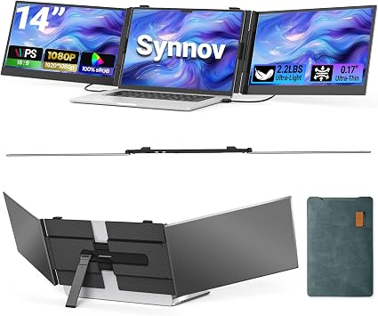 Synnov 14" Laptop Screen Extender, 2.2lbs Lightweight & Portable Monitor with 1080P FHD Display, Type-C/HDMI Plug & Play Triple Travel Monitor for 13-17.3" Laptops, Compatible with Wins/MacOS/Chrome