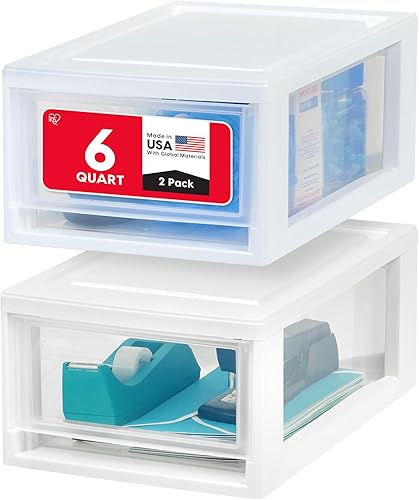 Vista 10 de IRIS USA - Paquete de 4 cajones de almacenamiento apilables, 6 cuartos de galón, plástico transparente para usar en fregadero, cocina, despensa