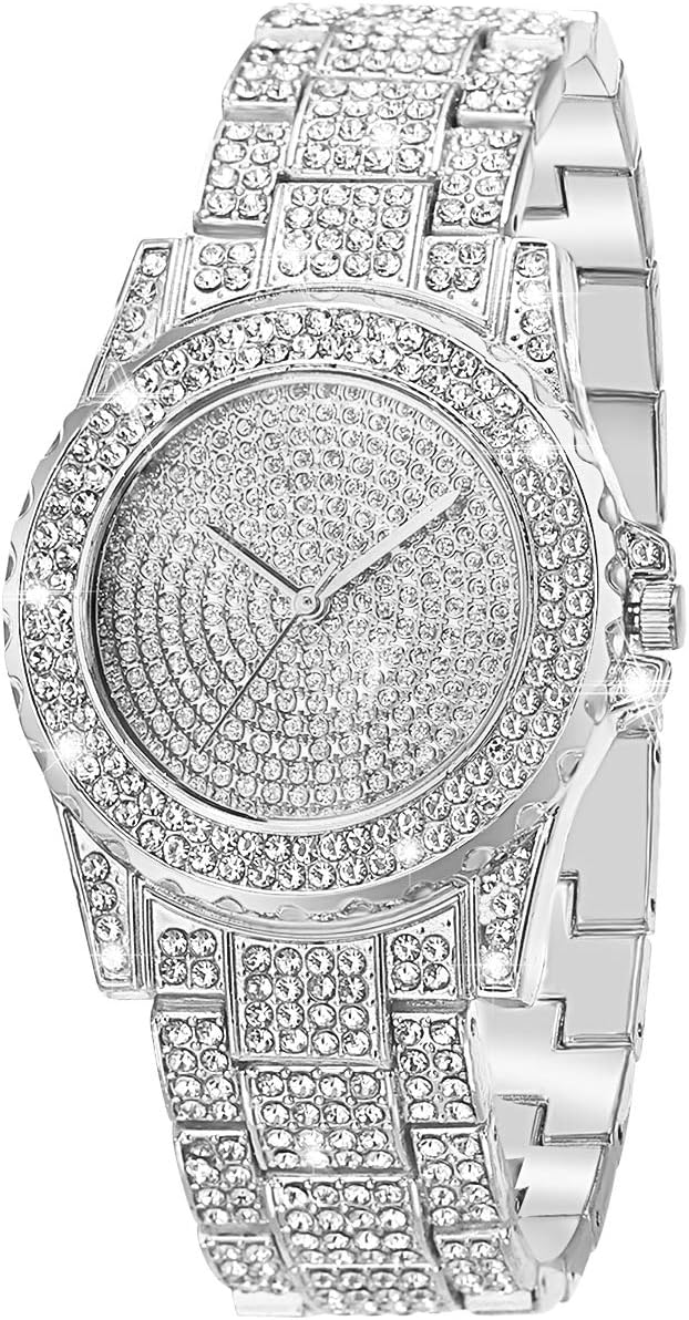 Silver Watch for Women Interior Full Diamond Bling Rhinestone Iced Out Quartz Crystal Stainless Steel Ladies Wrist Watch