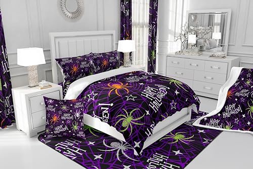 Miniatura 6 de Manfei Juego de sábanas de Halloween tamaño matrimonial, juego de ropa de cama de araña colorida para niños y niñas, decoración de habitación de
