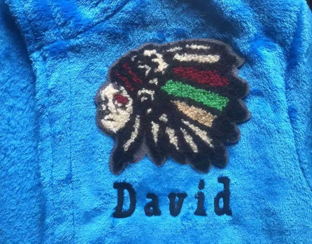 FEETOO]?Custom Embroidered Name Native American Indian Pattern Coral Fleece Boy's Robes Blue