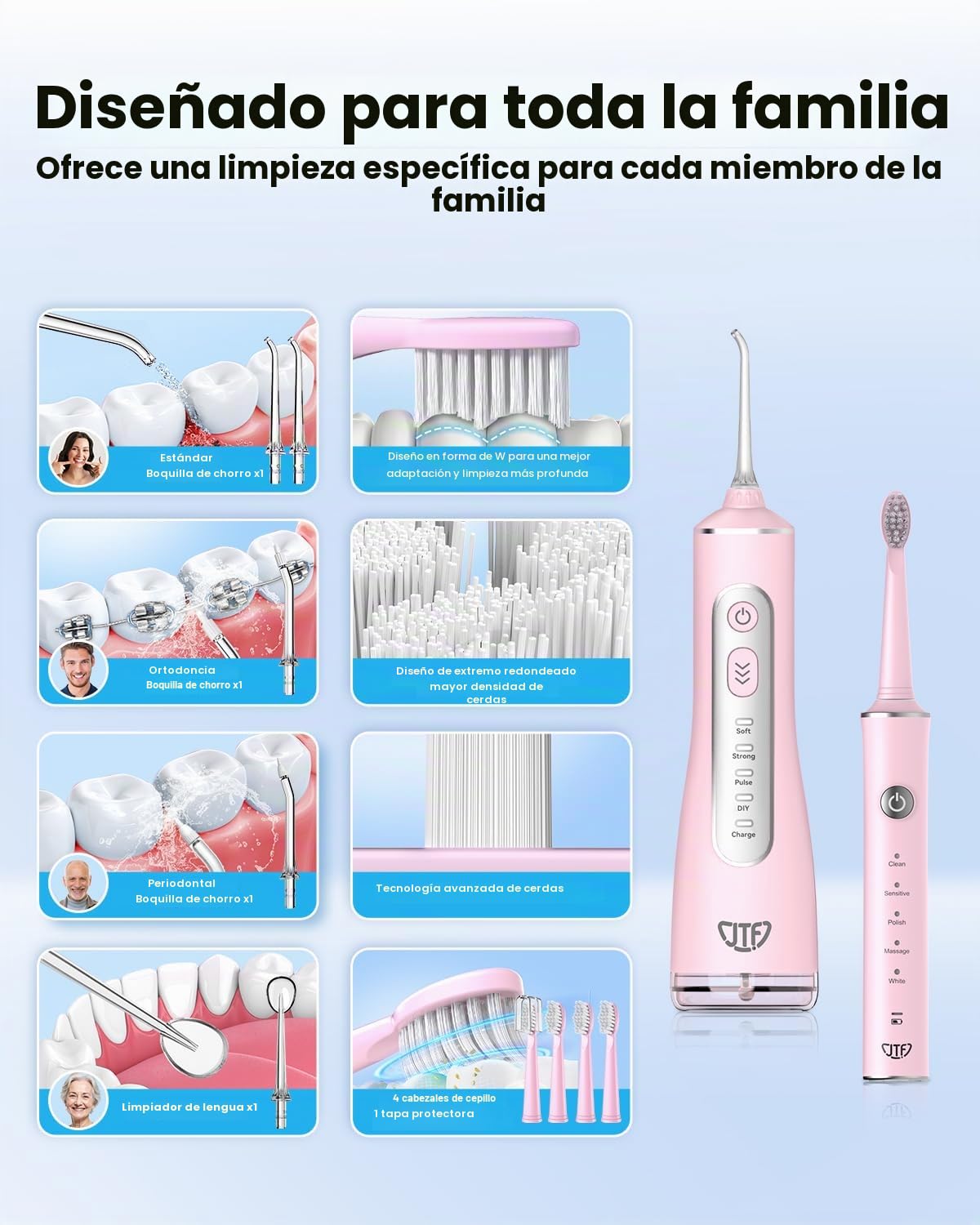 JTF Cepillo de Dientes Eléctrico y Irrigador Bucal 2-en-1 – Kit de Higiene Bucal Portátil para una Limpieza Eficaz y Suave, Múltiples Modos para Brackets y Encías Sensibles, Inalámbrico(Rosa)