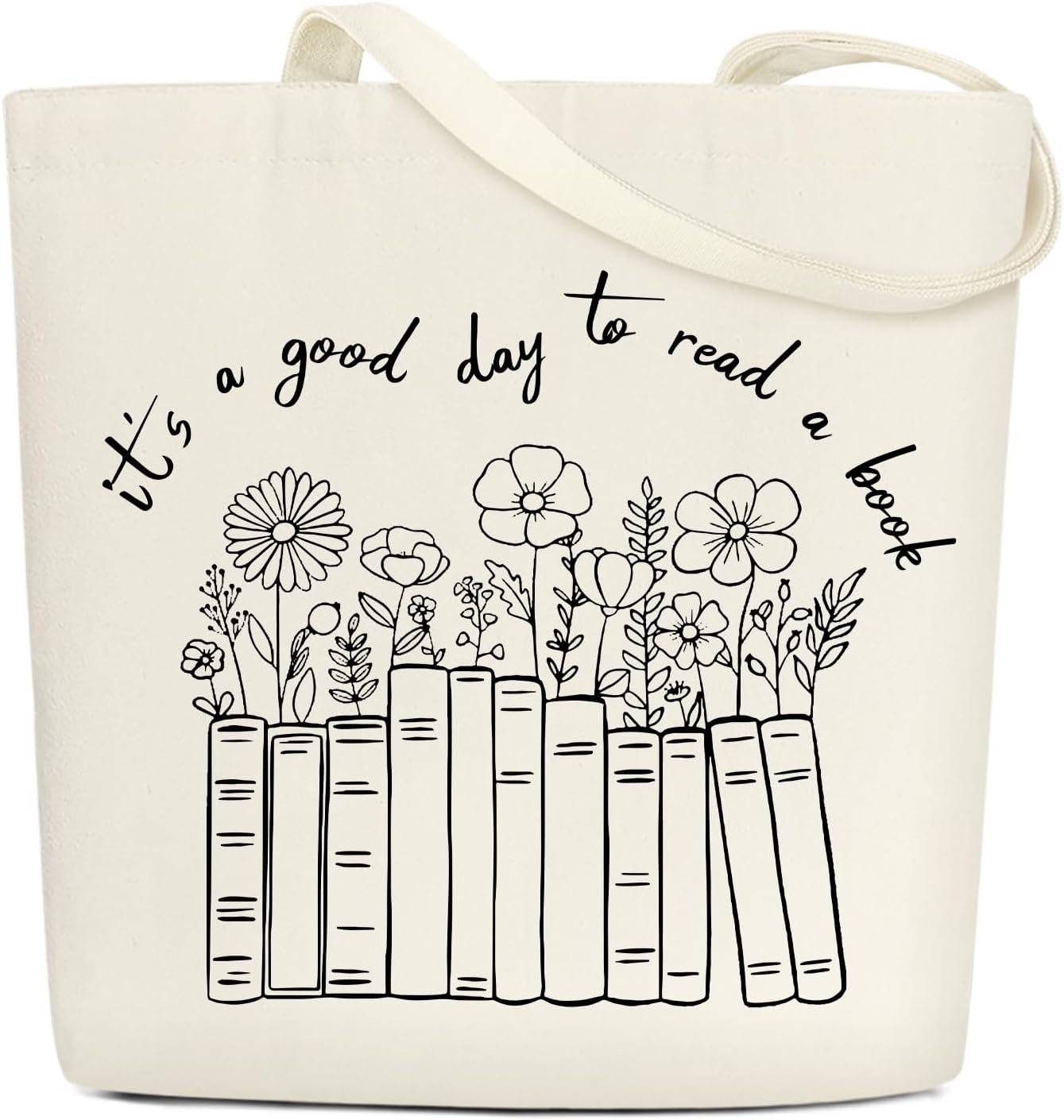 BSIKAIK Books and Flowers Canvas Tote Bags for Women Aesthetic Gifts for Women Birthday Christmas Minimalist Cotton Tote Bag for Shopping Work Reusable Grocery Shoulder Bag with Wide Strap - DH689