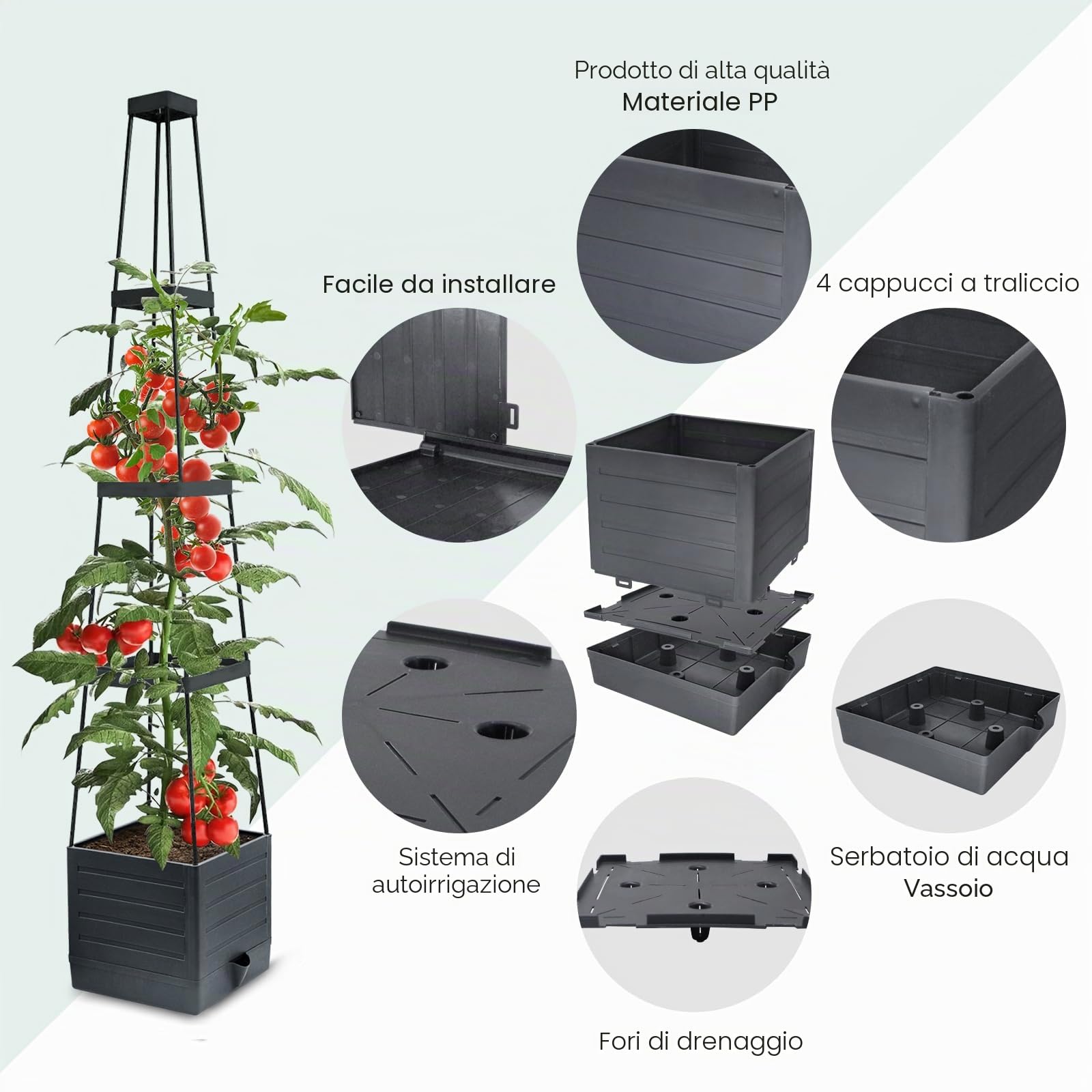 MYMULIKE Confezione da 2 vasi da giardino rialzati con traliccio, 147 cm, gabbia per pomodori, vaso da giardino rialzato con traliccio per piante rampicanti, gabbia per pomodori con auto-irrigazione