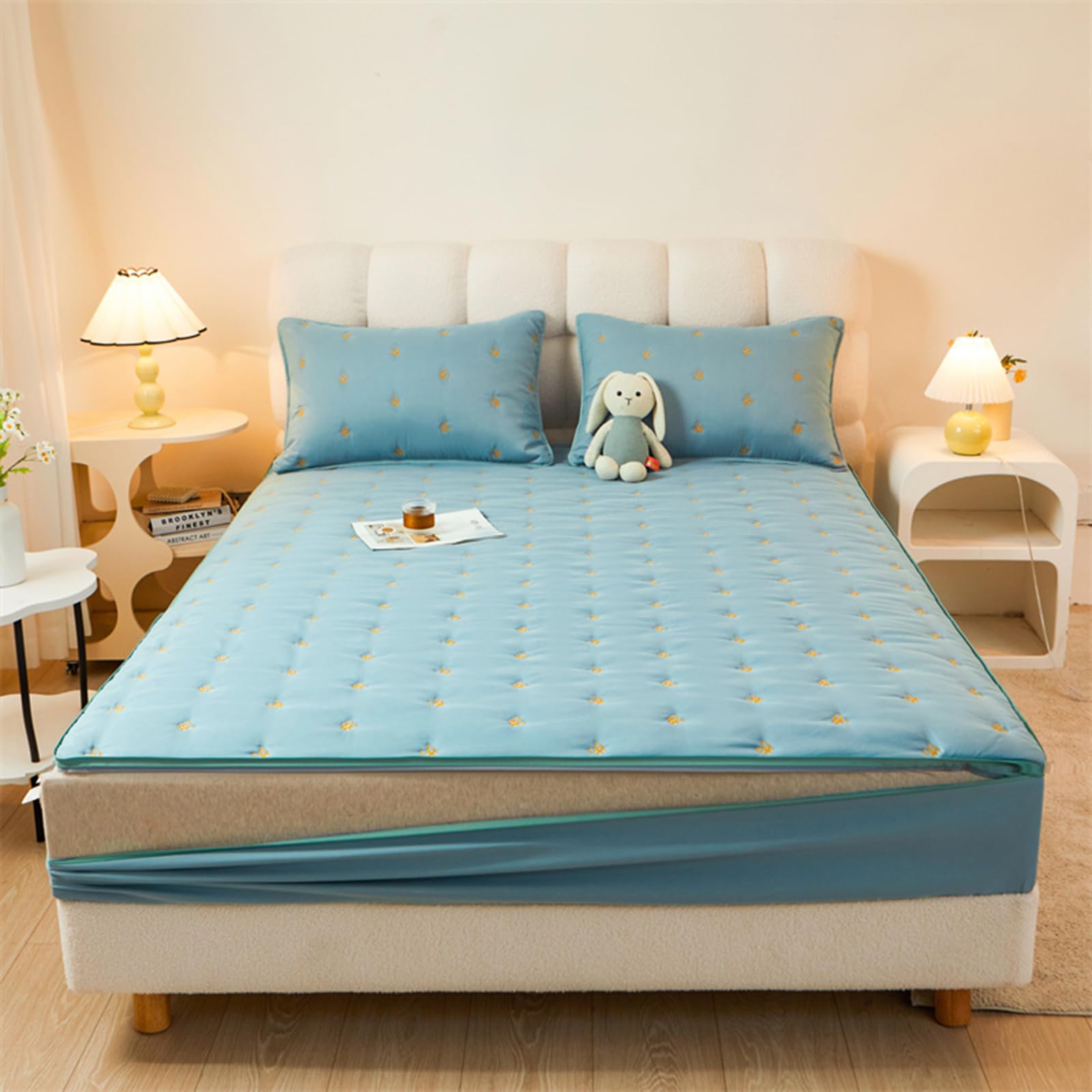Double Mattress Cover Zipped Quilted Mattress Protector Customizable 90x190cm Single Mattress Cover with Zip Breathable Anti-dust Embroidery Fully Total Encasement Fitted Sheet (120x200+21cm,Blue B)