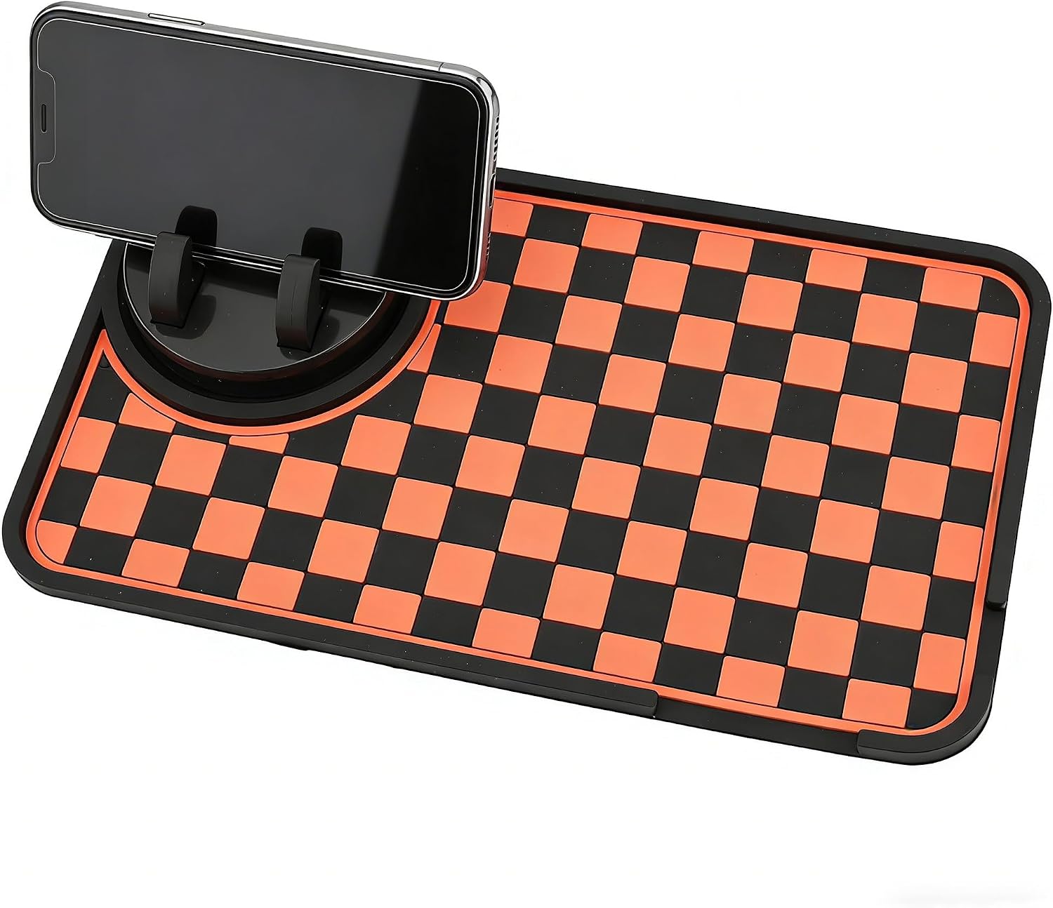 Multi-Functional Anti-Slip Car Dashboard Mat with 360° Rotating Phone Holder Universal Organizer Pad for Phones, Sunglasses, Keys (Orange)