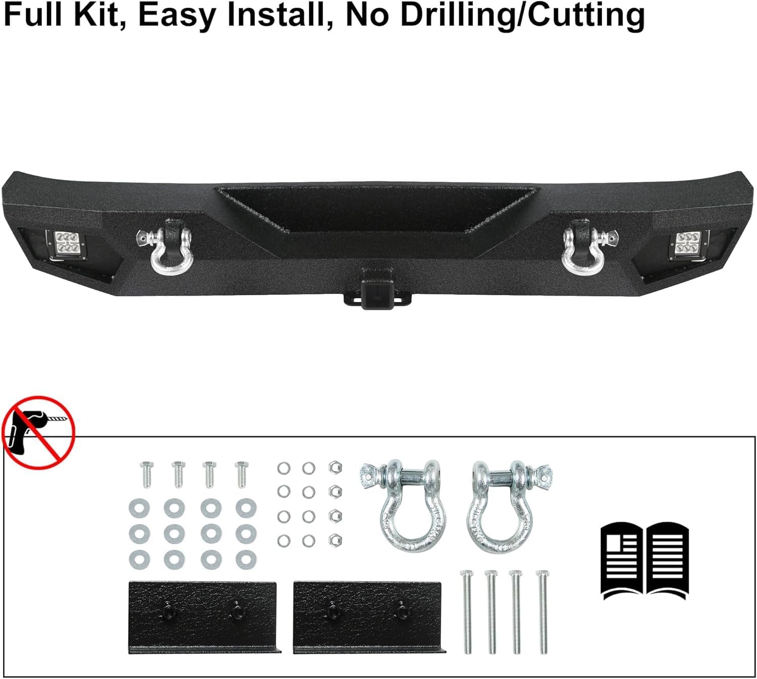 Rear Bumper Fits for Jeep Wrangler JK JKU 2007-2018 Full Width Off Road Heavy Duty Steel Back Bumper Textured Black Rock Crawler Automotive Bumper with Tow Hitch D-Rings Light Winch Plate