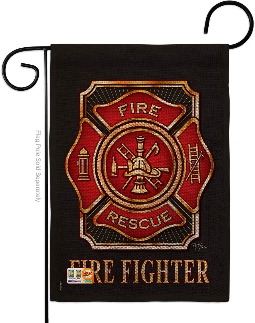 Fire Fighter Garden Flag Set with Stand First Responders Firefighter Fireman Department Rescue Red Line Hero Support Small Decorative Gift Yard House Banner Double-Sided Made In USA 13 X 18.5