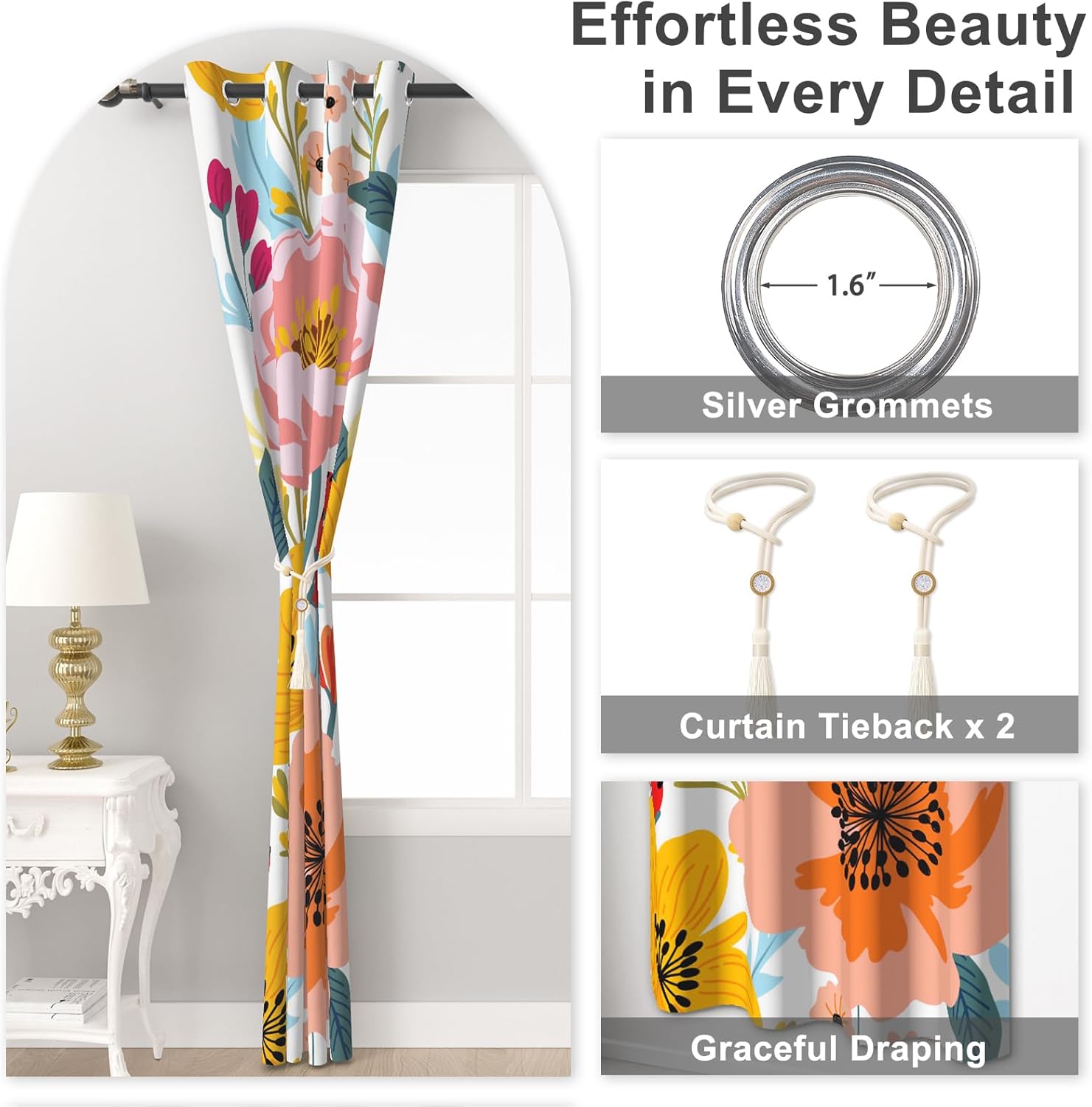 Boho Patterned Blackout Curtains for Bedroom, Bohemian Floral Living Room Darkening Curtains 84 Inch Length 2 Panels Set, Grommet Thermal Insulated Soundproof Window Drapes with Curtain Tiebacks