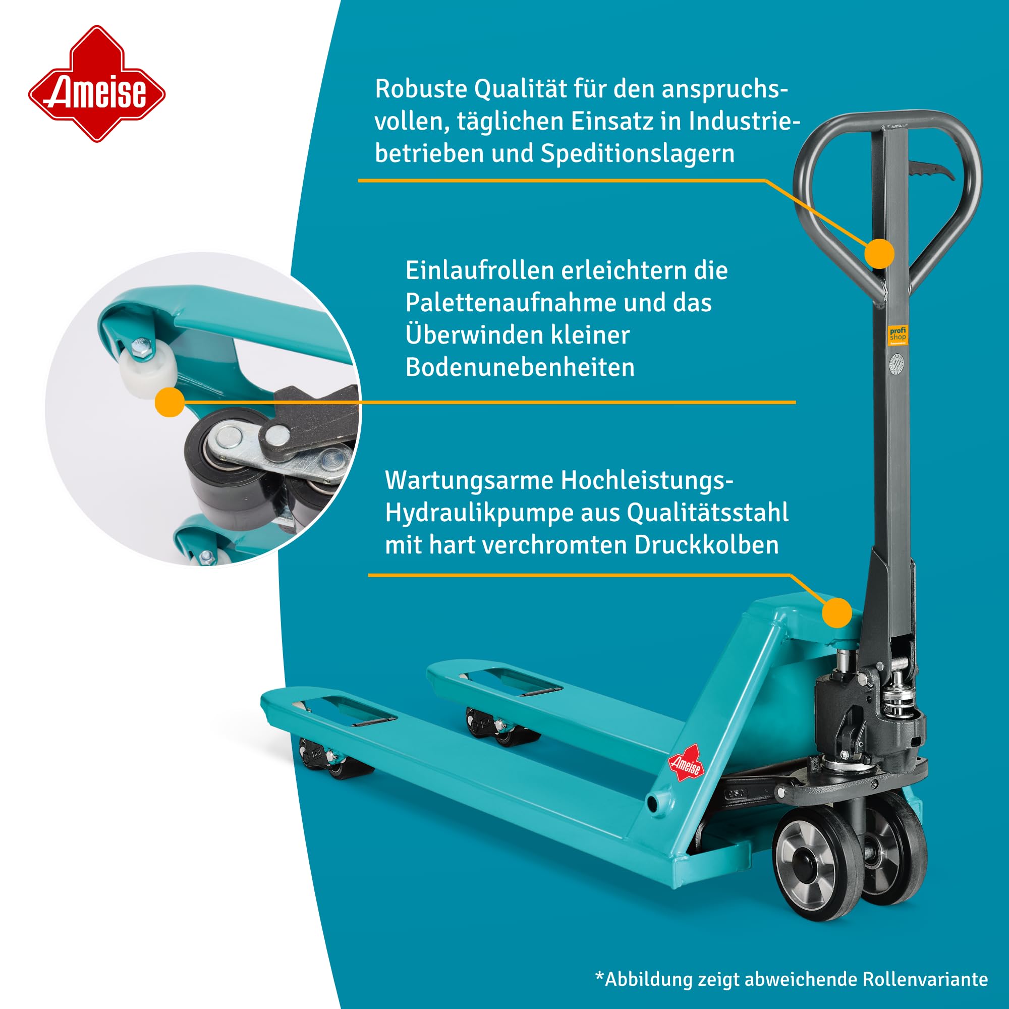 Ameise Hubwagen PTM mit Schnellhub bis 120 kg | 2.000 kg Tragkraft | 1.150 mm Gabellänge | Lenkrad/Gabelrolle aus robustem Polyurethan | Tandem-Gabelrollen | Palettenhubwagen