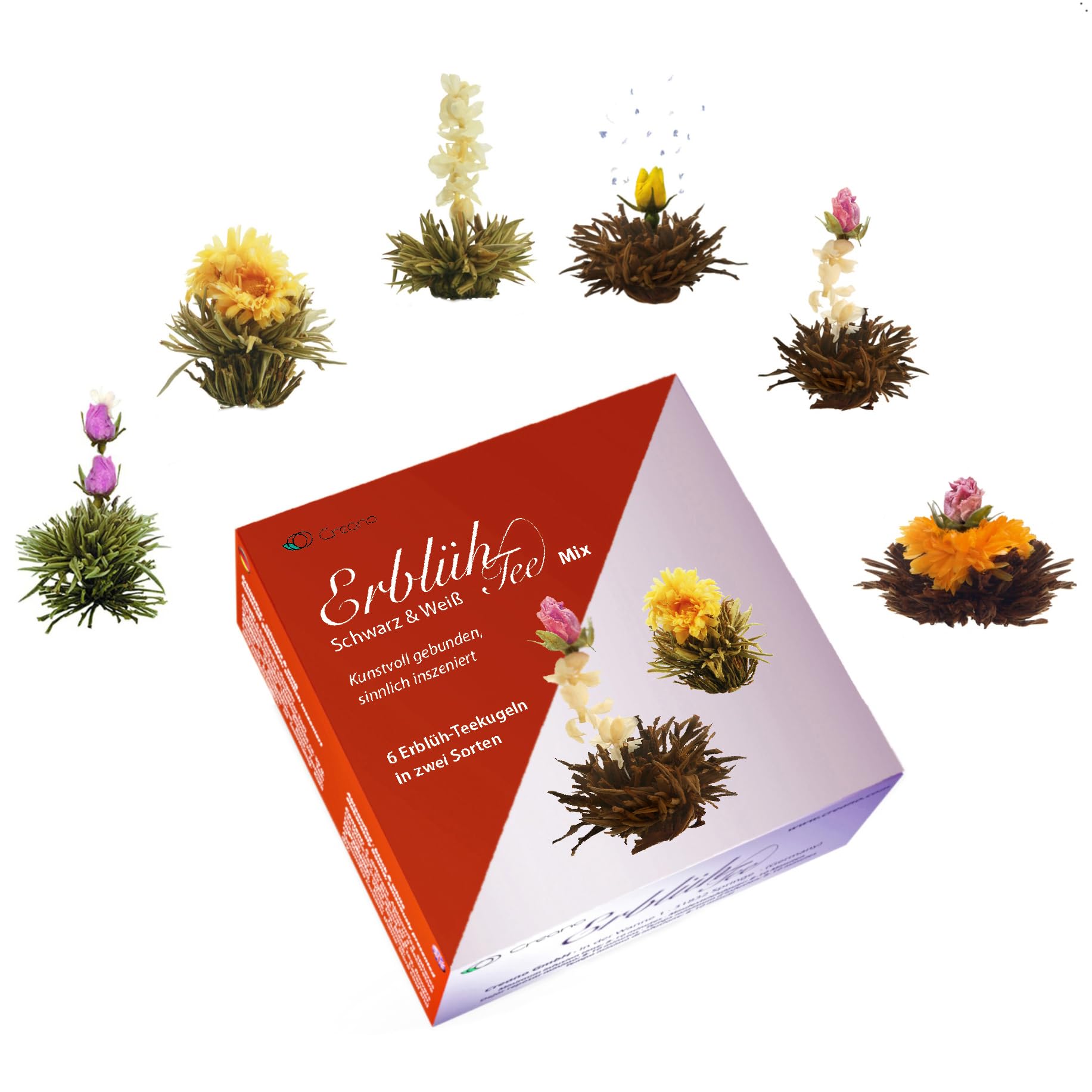 Creano Coffret Cadeau Fleurs de Thé Mix 6 pcs – Théière en Verre 500ml sans goutte – 3x Thé Noir & 3x Thé Blanc – Idée Cadeau Femme, Maman, Anniversaire