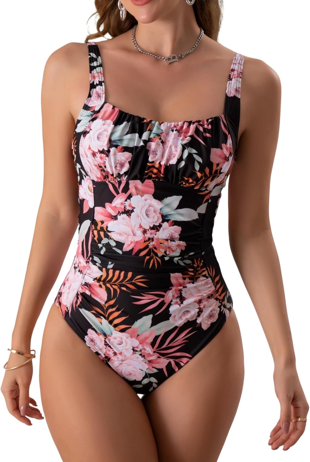 Eomenie Women's One Piece Tummy Control Swimsuits Slimming Bathing Suit Support Full Coverage Square Neck Swimwear