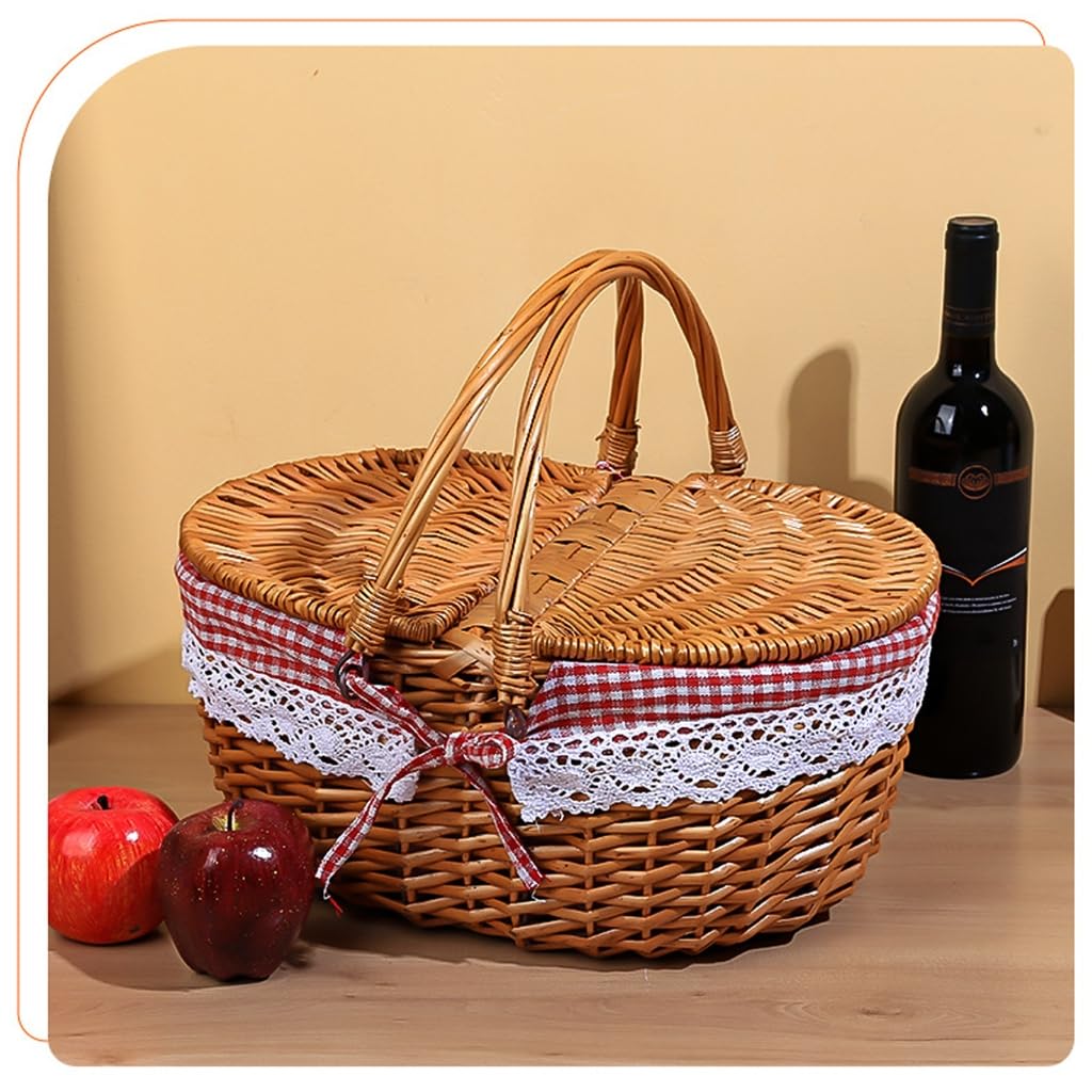 Cestino da picnic in vimini con coperchio pieghevole e manico, cestino da picnic di grande capacità per vacanze al mare, robusto corpo in tessuto con fodera lavabile per Pasqua, festa della