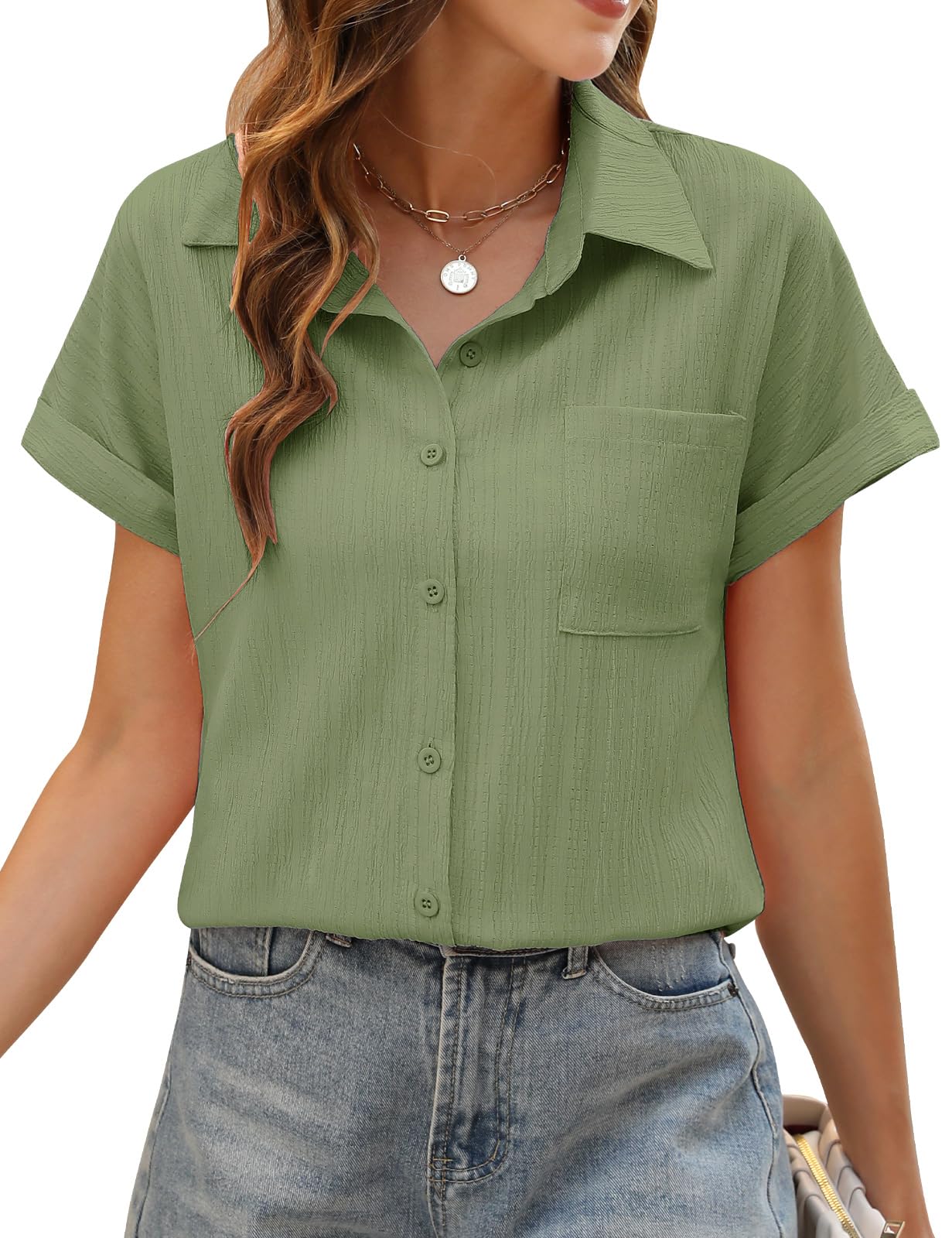 PASUDA Bluse Damen Sommer Elegant Hemdbluse Kurzarm Blusen Musselin Hemd Tunika Tops V-Ausschnitt Button-Down Sommer Oberteile Casual Basic Shirt mit Tasche Blusen