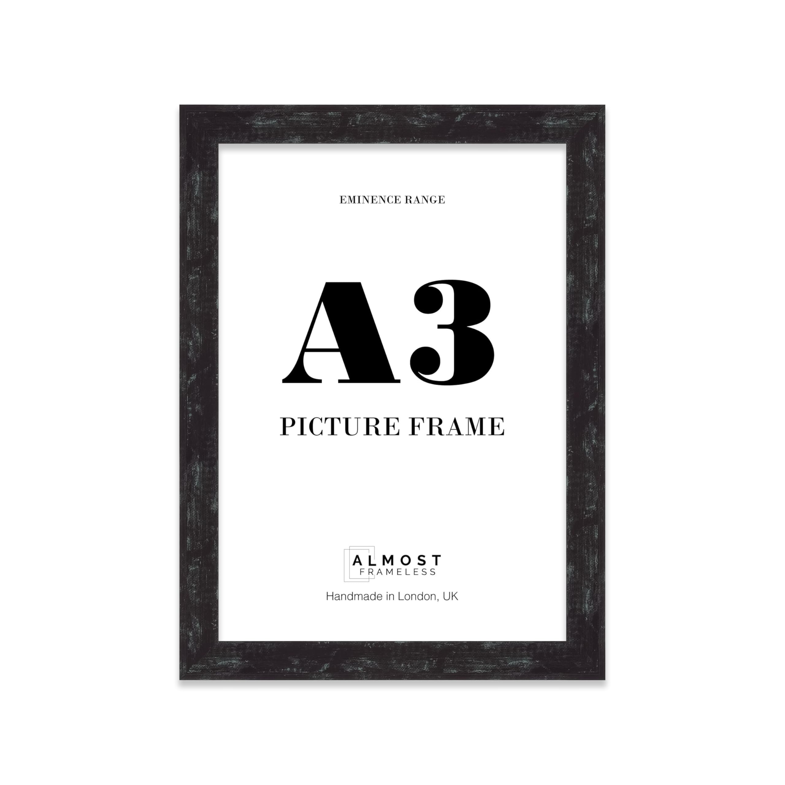 A3 Distressed Black Picture Frame - Rustic Wood Industrial Effect Photo Frame for Wall Display, Ideal for Posters, Prints & Home Décor, Wall Hooks, 32mm Edge - 1 Pack