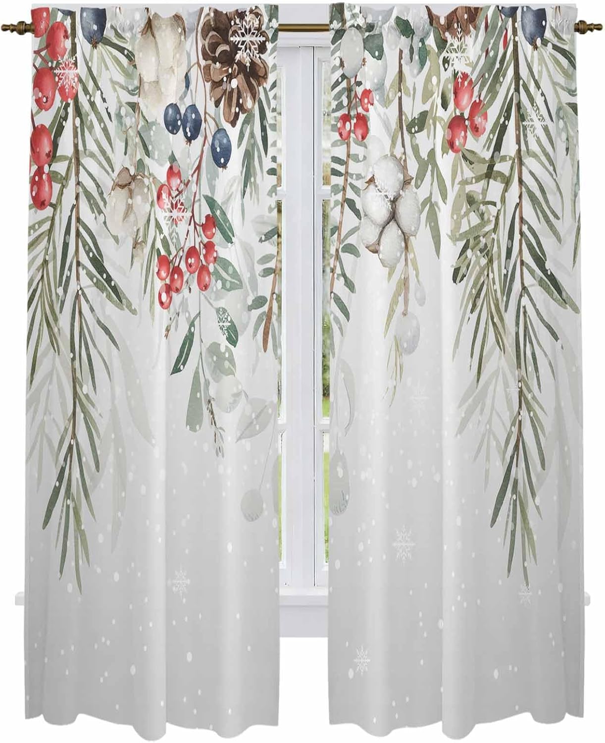 Sage Green Christmas Window Curtains 72 Inch Long 2 Panel Set,Rod Pocket Long Curtains & Drapes,Weeping Xmas Berry Floral Snowflake Light Filtering Window Treatment for Bedroom Living Room 52"W x 72"L