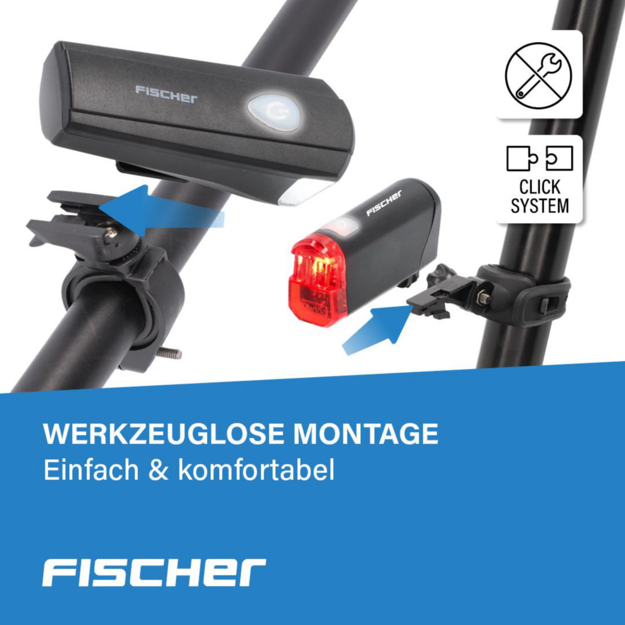 Fischer Zestaw oświetlenia LED do roweru, zestaw oświetleniowy z technologią LED, ochrona przed rozbryzgami wody, czarny, 1 sztuka