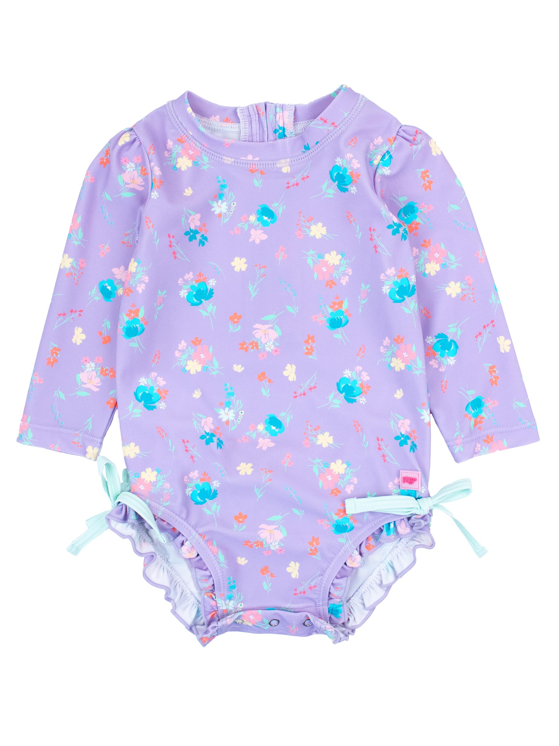 RuffleButts Baby Girls Novelty Baby One Piece - Rash Guard Swimsuit | 80% Nylon 20% Spandex, UPF 50+, Lightweight, Medium Stretch, Full Seat Coverage, Bottom Snaps, Unlined, Infant Beach Swim