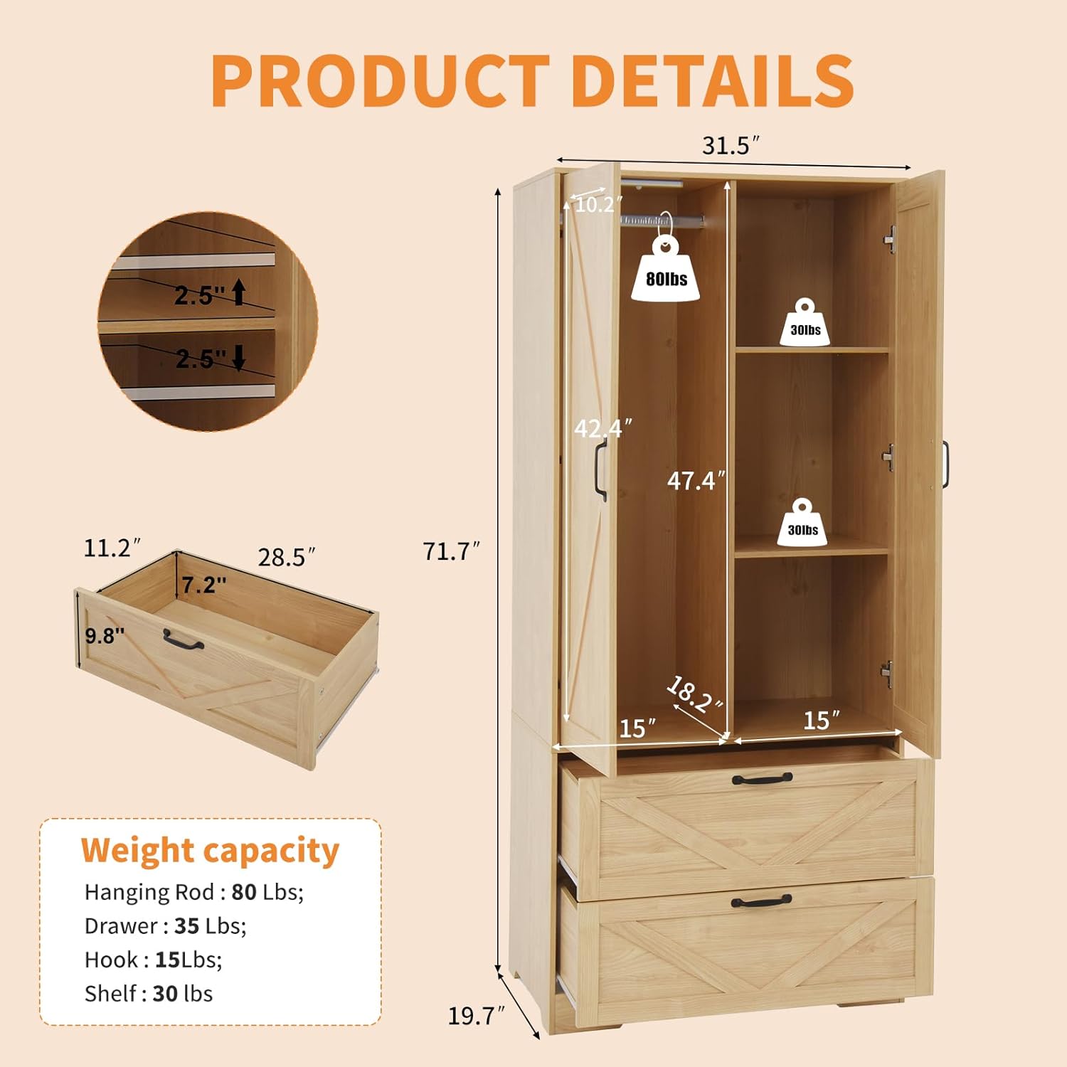 31.5" Natural Wood Finish 2-Door Wardrobe with Mirror, Modern Closet with 2 Drawers, Geometric Design Storage Cabinet for Bedroom