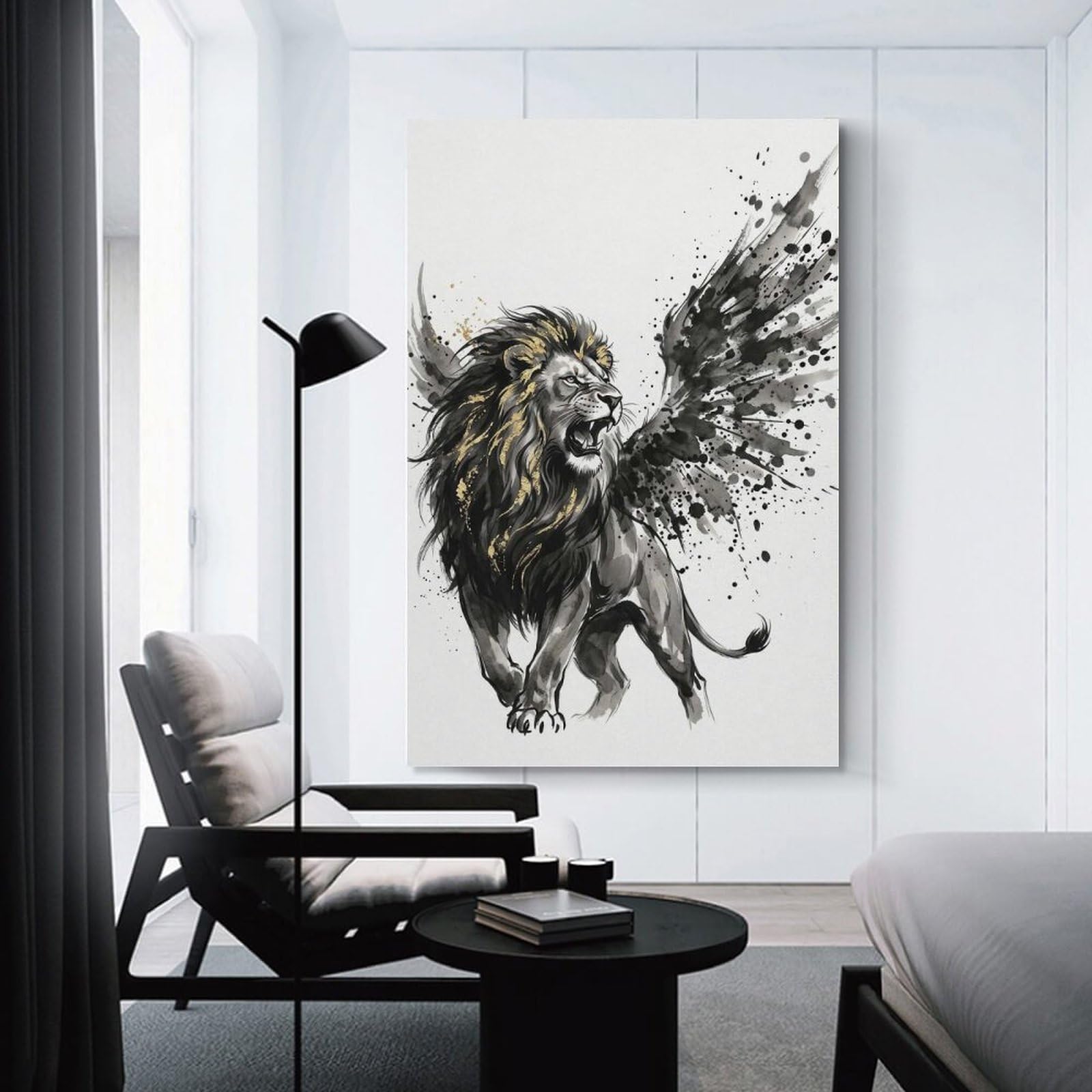 Junmoney Winged Lion with Gold Accents Home Decor Wall Art, 20x30inch(50x75cm), for Lounge, Bedroom Or Personal Spaces, Gift Idea for Housewarming And Birthdays