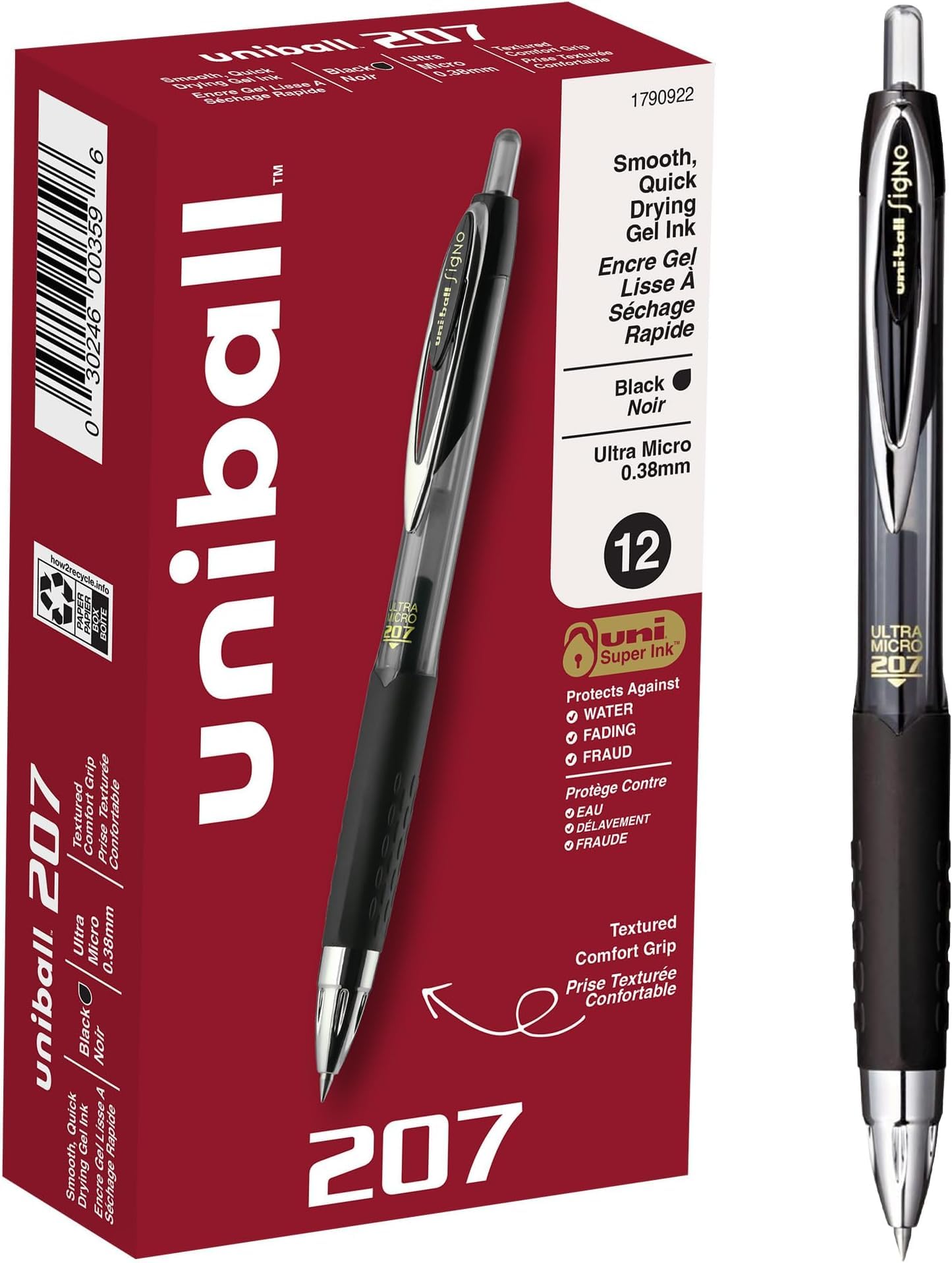uniball™ 207 Gel Pens, Black Ink, 0.38mm Ultra Micro Point, 12 Pens (Pack of 12)