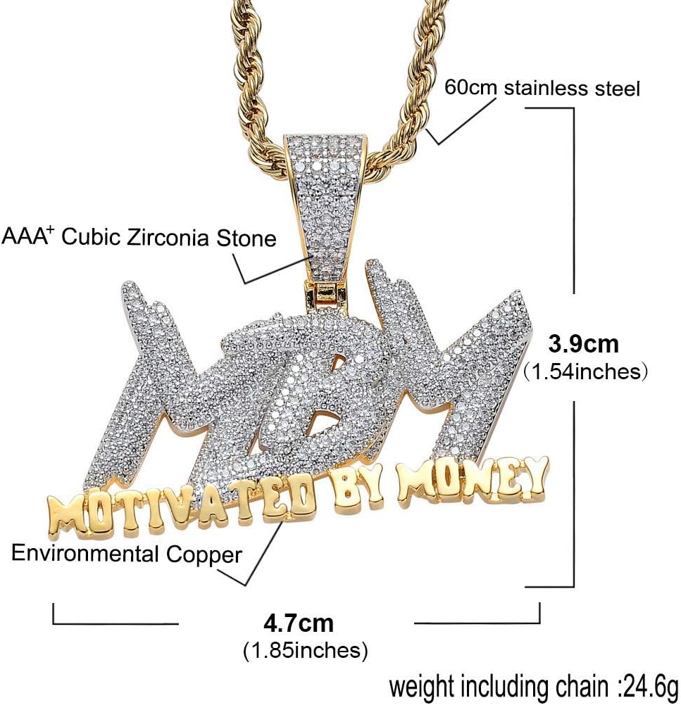 Iced Out Zircon Letter Motivated by Money Pendant Necklace Two Tone Plated Micro Paved Lab Diamond Bling Hip Hop Jewelry