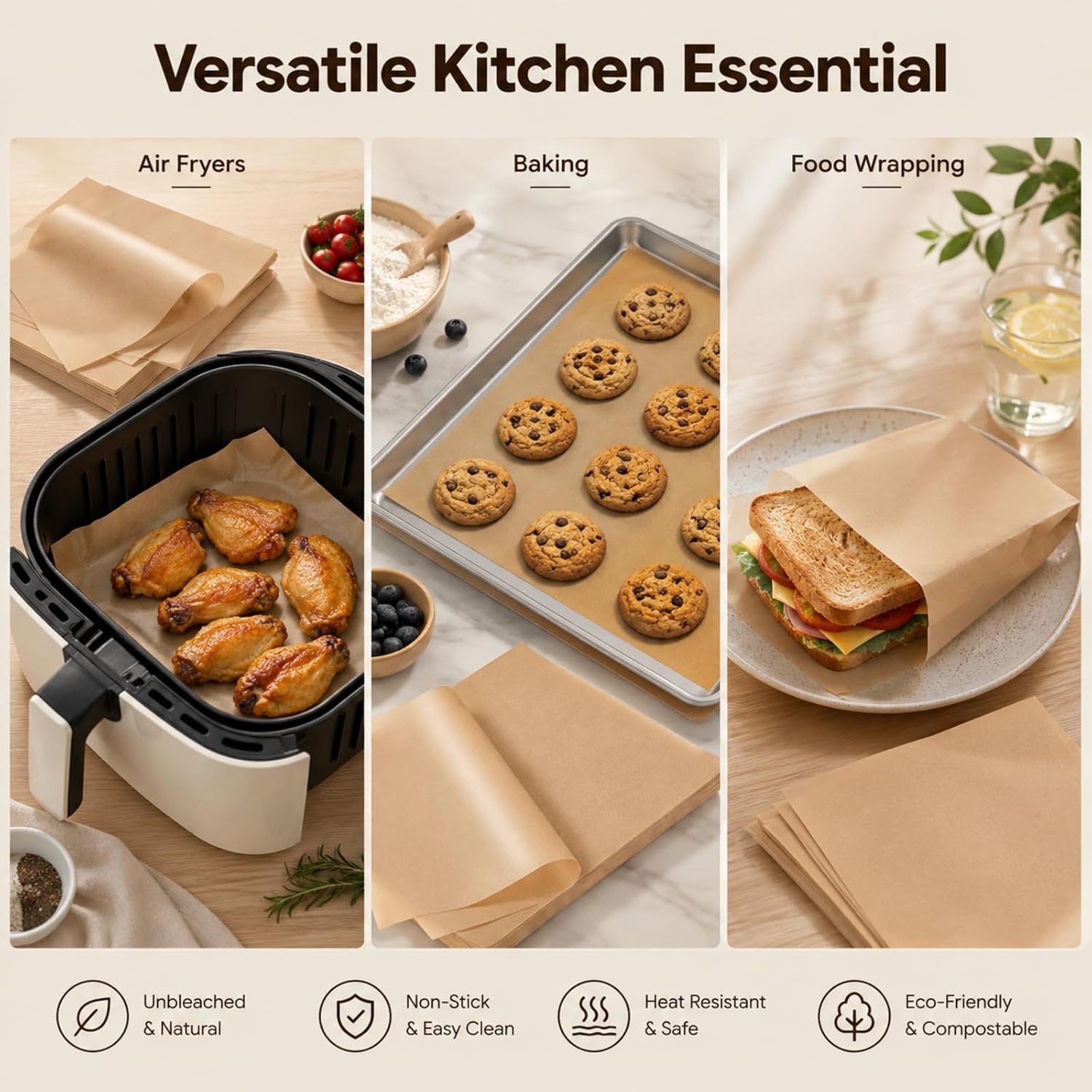 100Pcs Unbleached Non-Stick 9x13in Baking Parchment Non-Stick and Non-Toxic