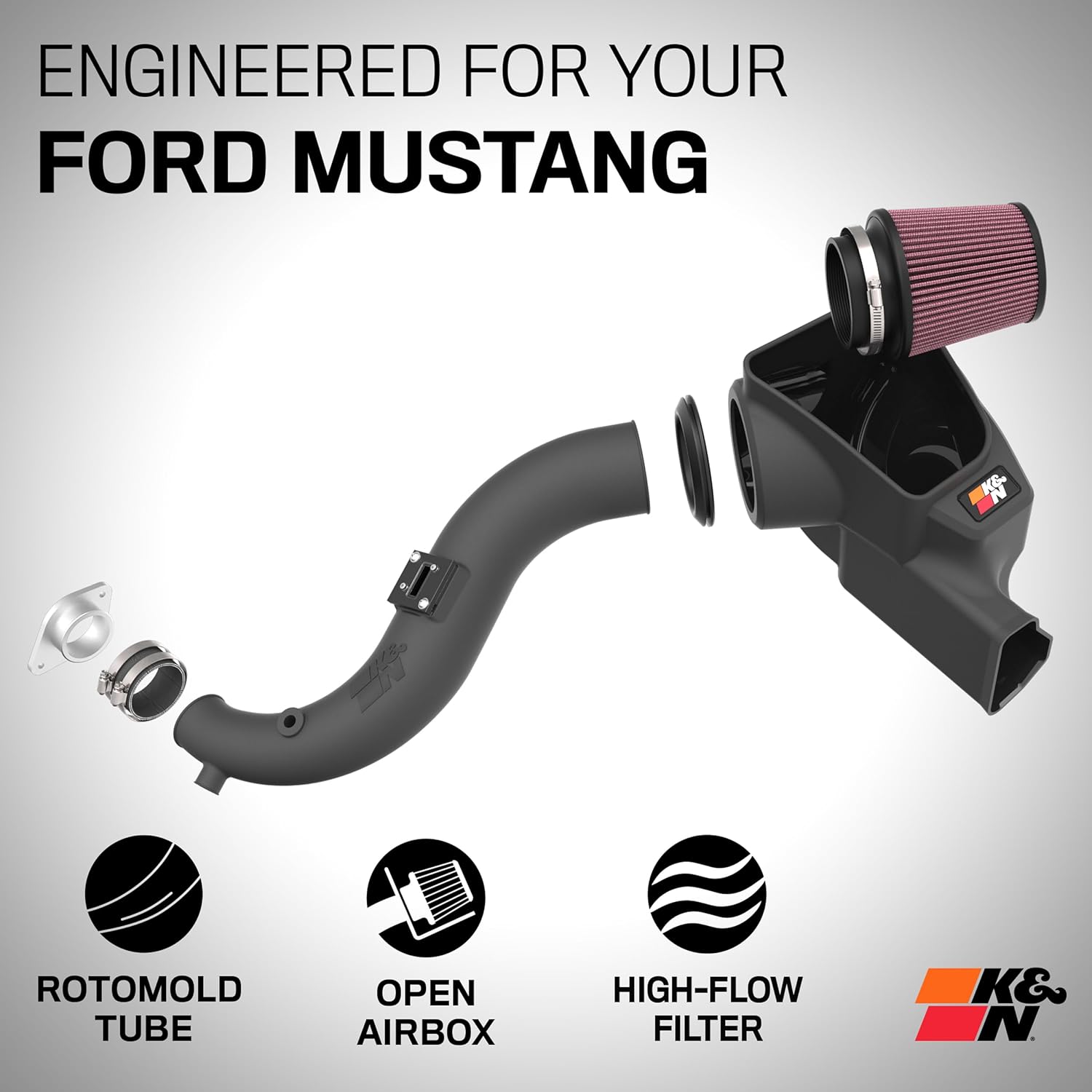 K&N Cold Air Intake System: High-Flow Air Filter, Increase Performance & Acceleration: Compatible with 2024-2025 Ford: Mustang, 63-2627