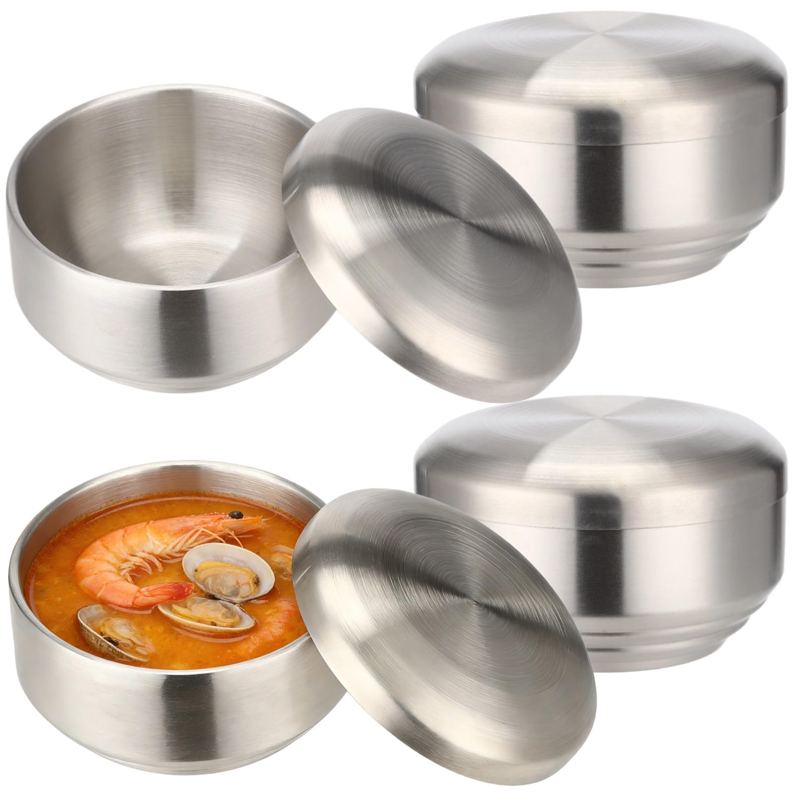 4 Stück Edelstahl-Schüsseln mit Deckel, 11,4 cm doppelwandig, verbrühungssicher, Reisschüssel-Set, wiederverwendbar, platzsparend, stapelbar, Suppenschüssel für heiße und kalte Speisen