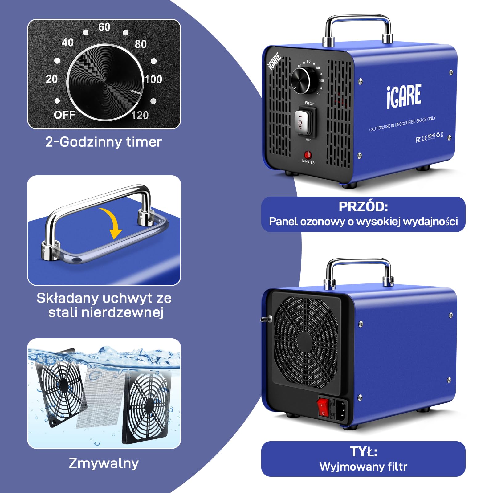 Generator ozonu do wody i powietrza, 45000 mg/h Ozonowy oczyszczacz powietrza Eliminator zapachów z timerem do łazienki, kuchni, zwierząt domowych, samochodów, dymu, wody, owoców, warzyw