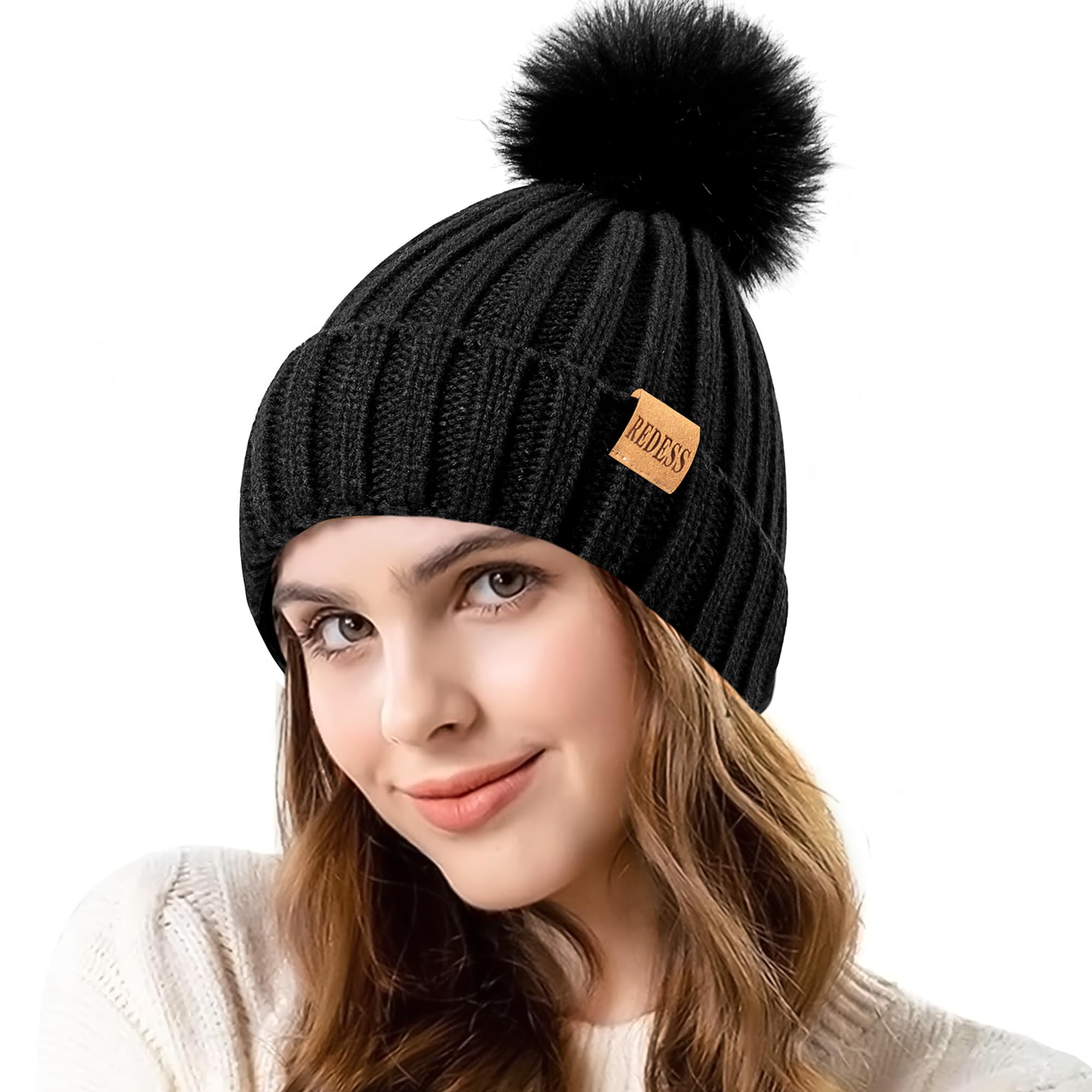REDESS Donna Inverno Cappello a Maglia Beanie Caldo Pile Foderato con Pompom cap Spesso Slouchy Neve Maglia Cranio Ski cap