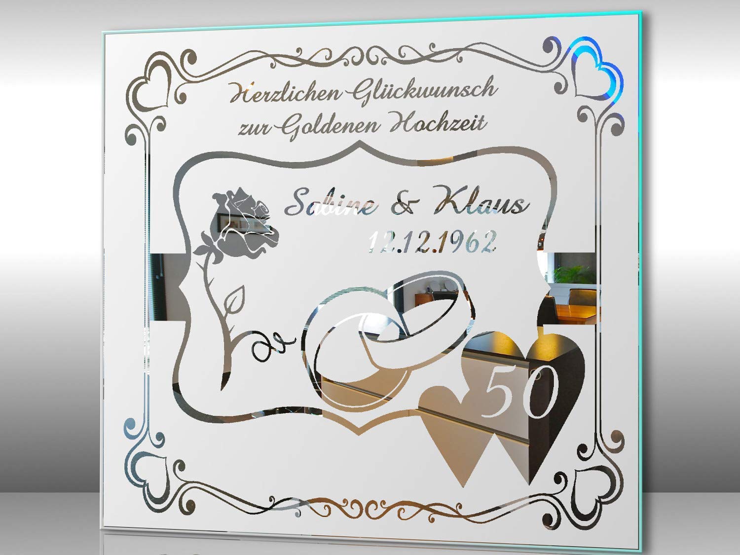 Spiegel mit Gravur zur Goldenen Hochzeit 3 ★ Wandbild ★ Hochzeitstag ★ Ehe ★ Hochzeitsgeschenk ★ 50 Jahre ★ personalisiert