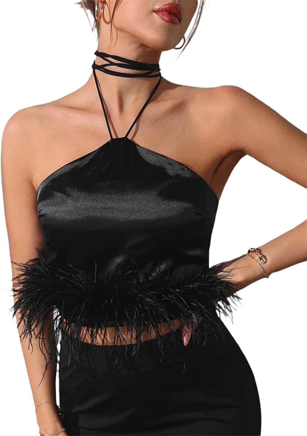 xxxiticat Women's Furry Tank Top Sleeveless Halter Lace Up Open Back Faux Fur Tube Shirt Party Satin Slip Feather Crop Top