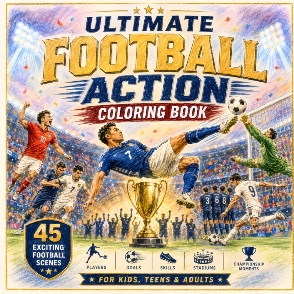 Ultimate Football Action Coloring Book: 45 Exciting Football Scenes Featuring Players, Goals, Skills, Stadiums, and Championship Moments for Kids, Teens & Adults