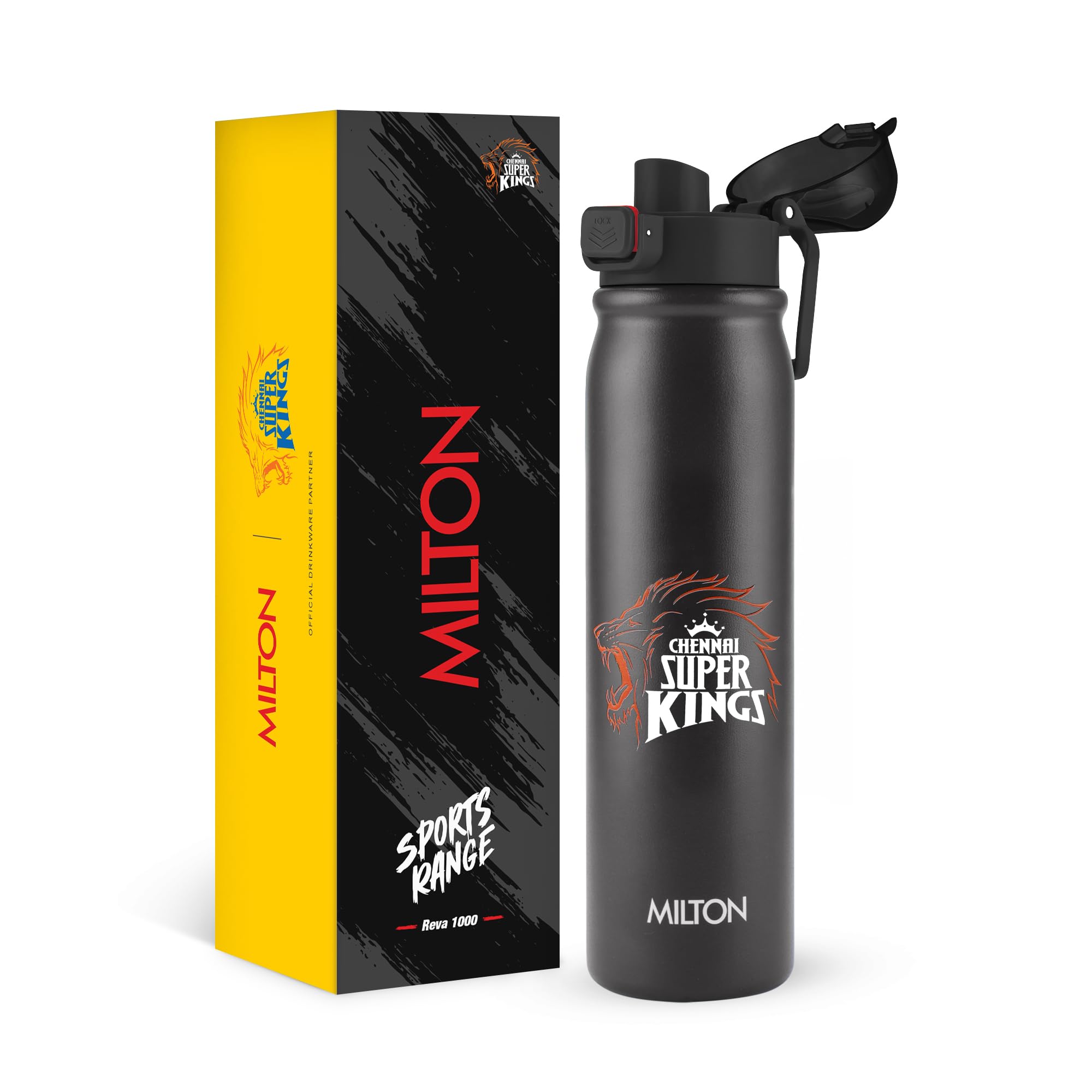 MILTON Sports Reva 1000 IPL Cricket SS Sipper Bottle with One Touch Safety Lock & Twin Lid Sip or Gulp, 1 L|Single Wall, BPA-Free, Leakproof|ISI Cerified|Ideal for Home, Office, Gym & Travel,CSK Black