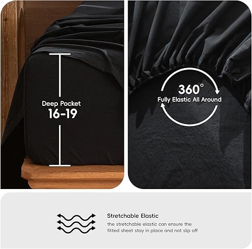 Miniatura 6 de MooMee Juego de sábanas de 100 % algodón lavado con textura similar al lino, transpirable, duradero, suave y cómodo (negro, King)
