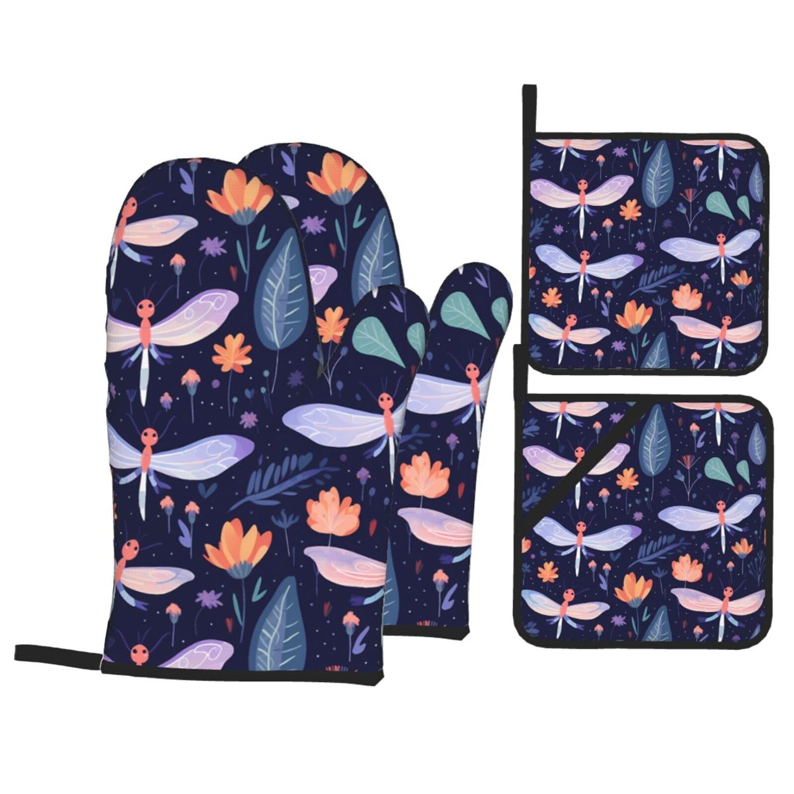 HJFCZH Dragonfly and Flowers Picture Kitchen Baking Set of 4 Thick Insulated Oven Mitt & Pot Holders, Anti-Scalding for Microwave, Oven, Outdoor BBQ