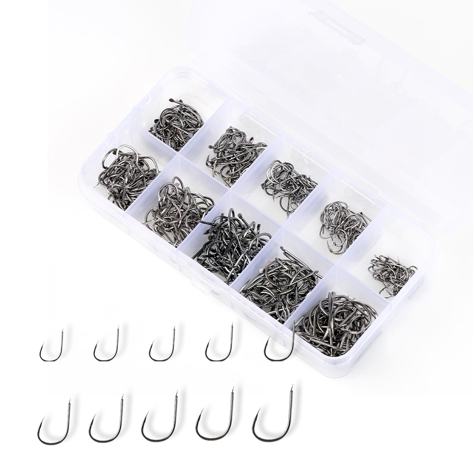Livzikaroa 300 Piece Fishing Hooks Set 10 Sizes High Carbon Steel Barbed Hooks with Ringed Eye and Storage Box for Carp Sea and Freshwater Fishing Accessories